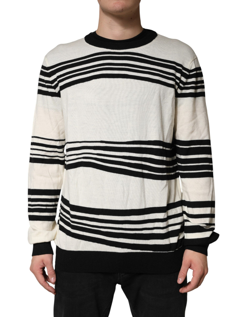 Pull à col rond Dolce & Gabbana en noir et blanc avec rayures, pull-over en coton à manches longues.