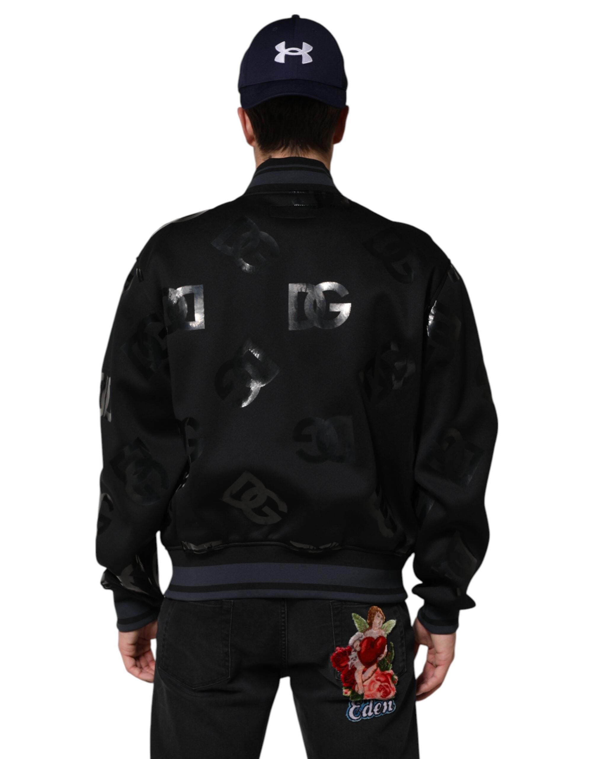 Veste bomber en laine noire Dolce & Gabbana DG Mania pour homme avec logo, style moderne et élégant.