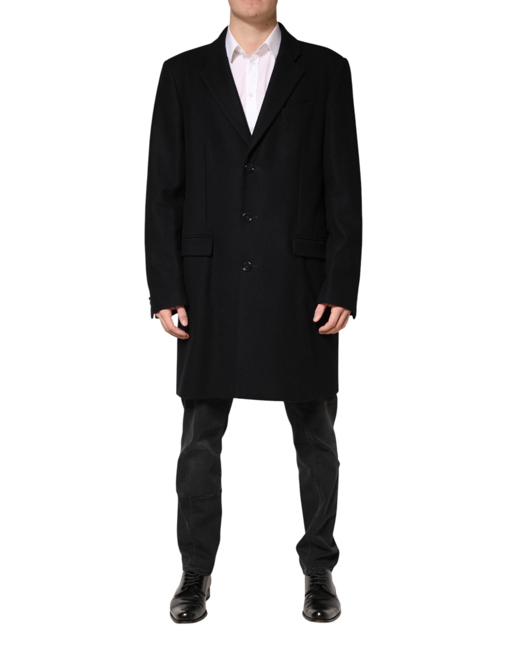 Manteau long noir en laine à boutonnière simple de Dolce & Gabbana, veste élégante pour femme.