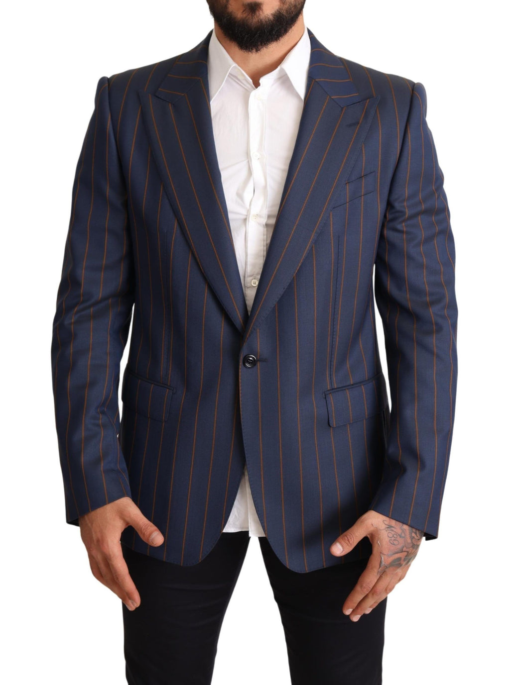 Veste blazer en laine bleu rayé slim fit de Dolce & Gabbana, élégante et ajustée, avec col et boutons apparents.