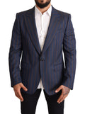 Veste blazer en laine bleu rayé slim fit de Dolce & Gabbana, élégante et ajustée, avec col et boutons apparents.