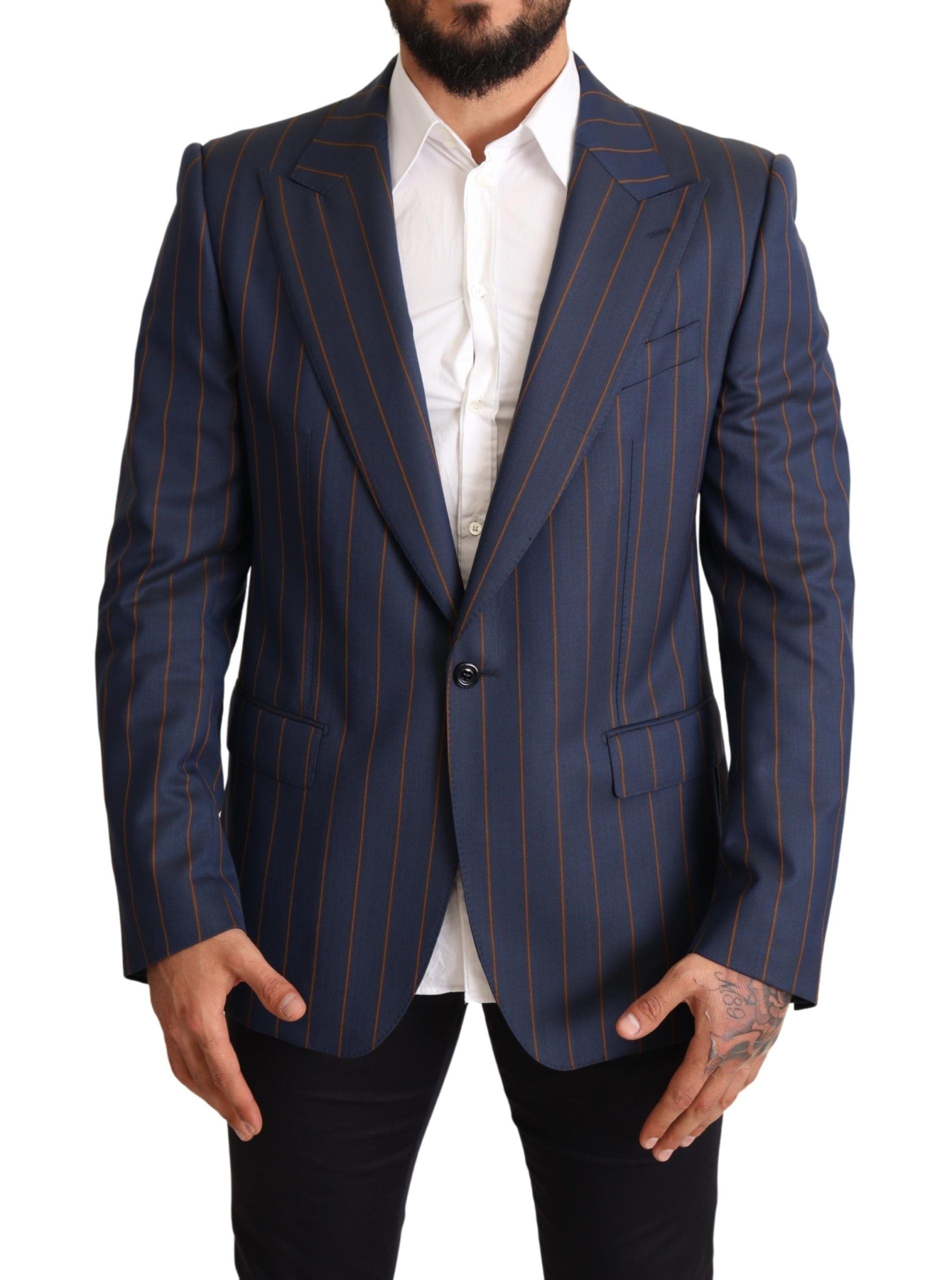Veste blazer en laine bleu rayé slim fit de Dolce & Gabbana, élégante et ajustée, avec col et boutons apparents.