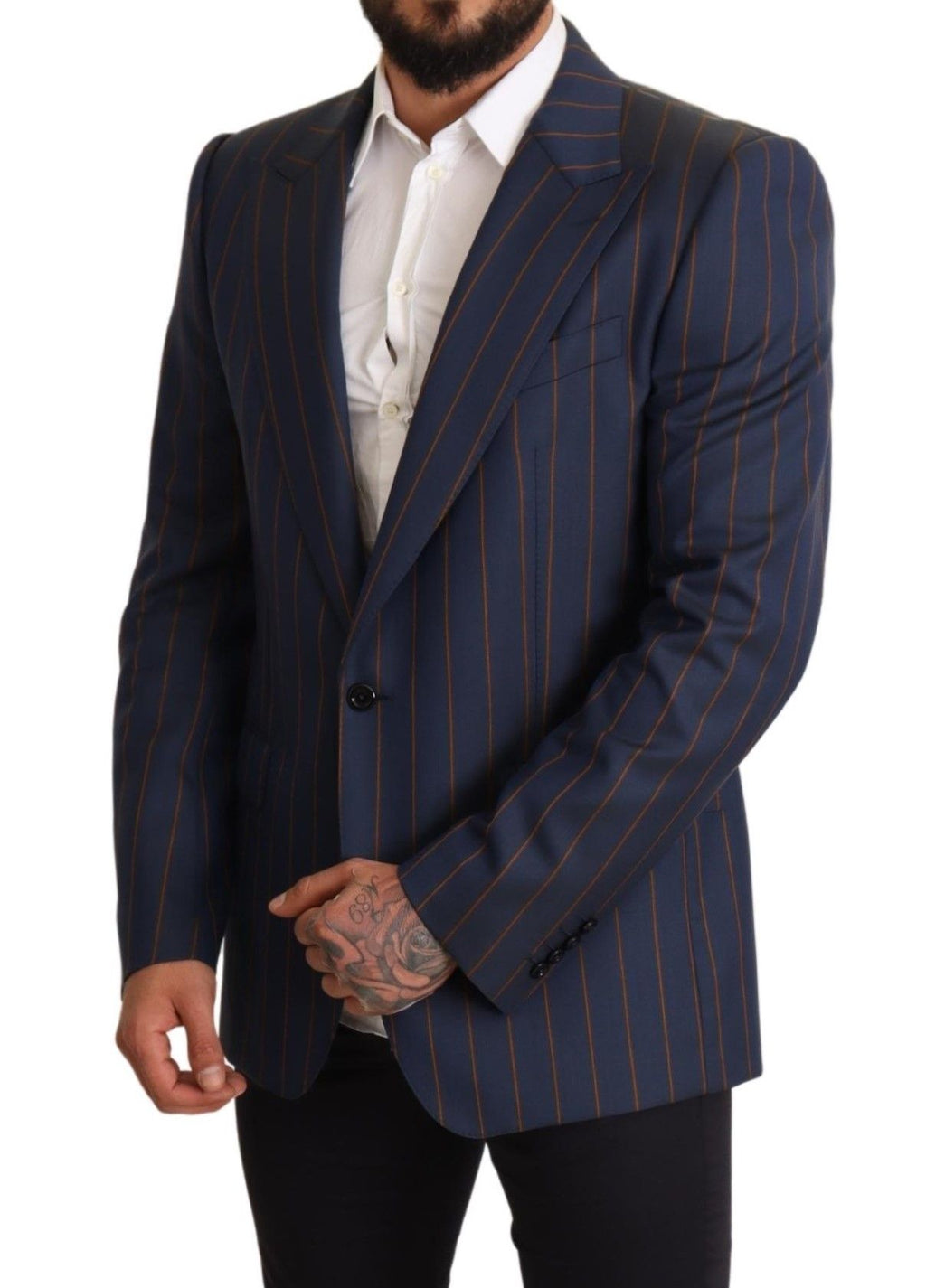 Veste blazer en laine à rayures bleues slim fit de Dolce & Gabbana, élégante et ajustée, visible en détail dans l'image.