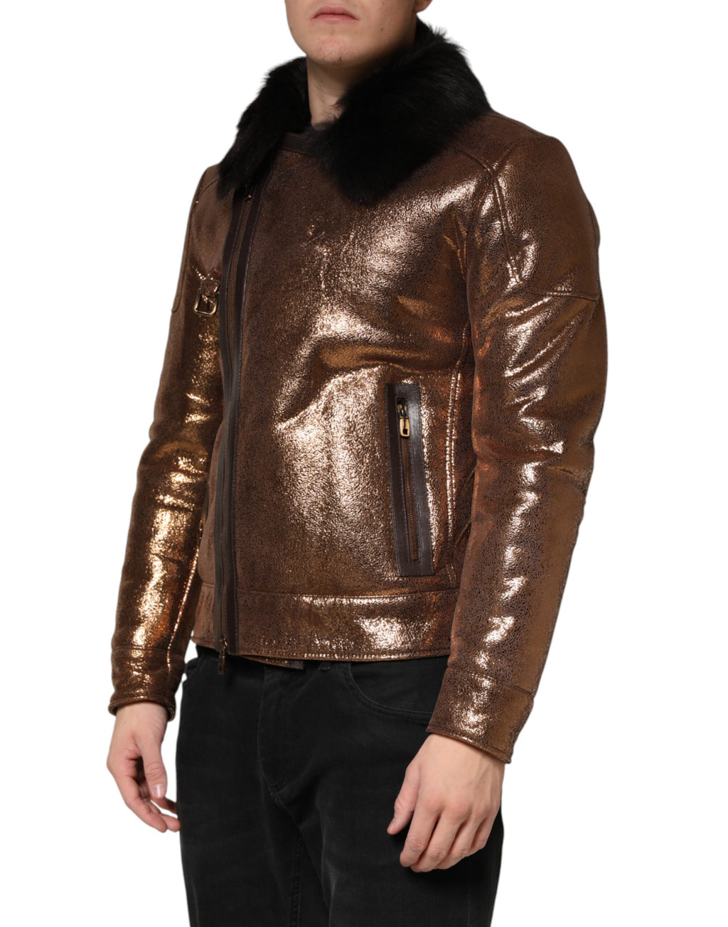 Veste motard en cuir bronze avec fourrure Dolce & Gabbana pour homme, fermeture éclair pleine longueur, style élégant et robuste.