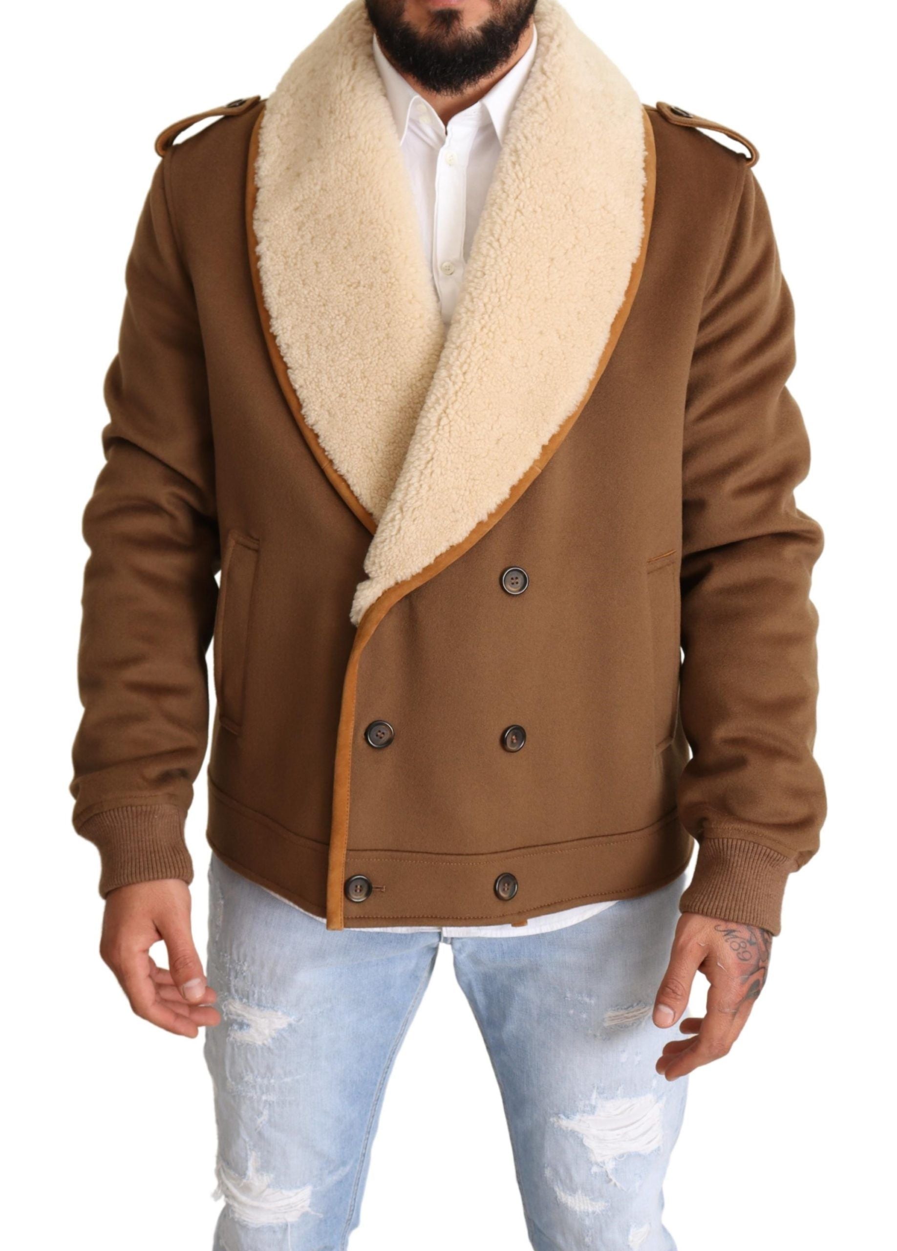 Manteau en shearling marron double-breasted de Dolce & Gabbana, veste élégante avec détails en laine.