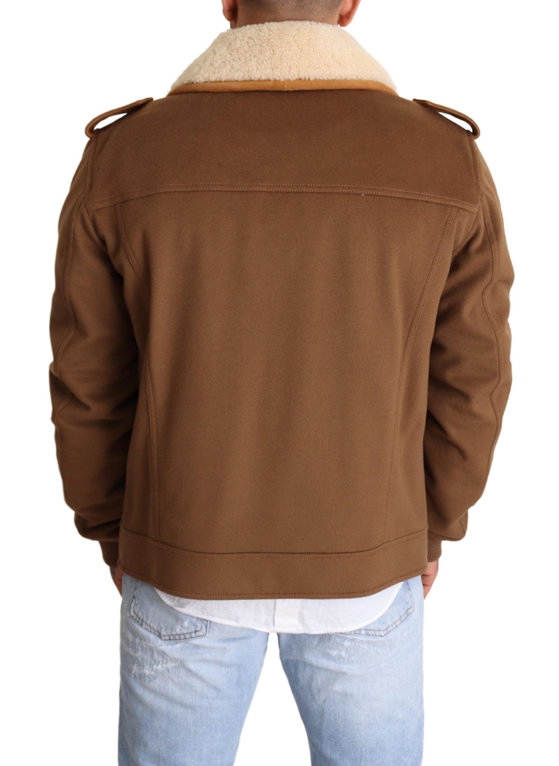 Manteau en shearling marron Dolce & Gabbana à double boutonnage, veste élégante en laine et cuir pour femme.