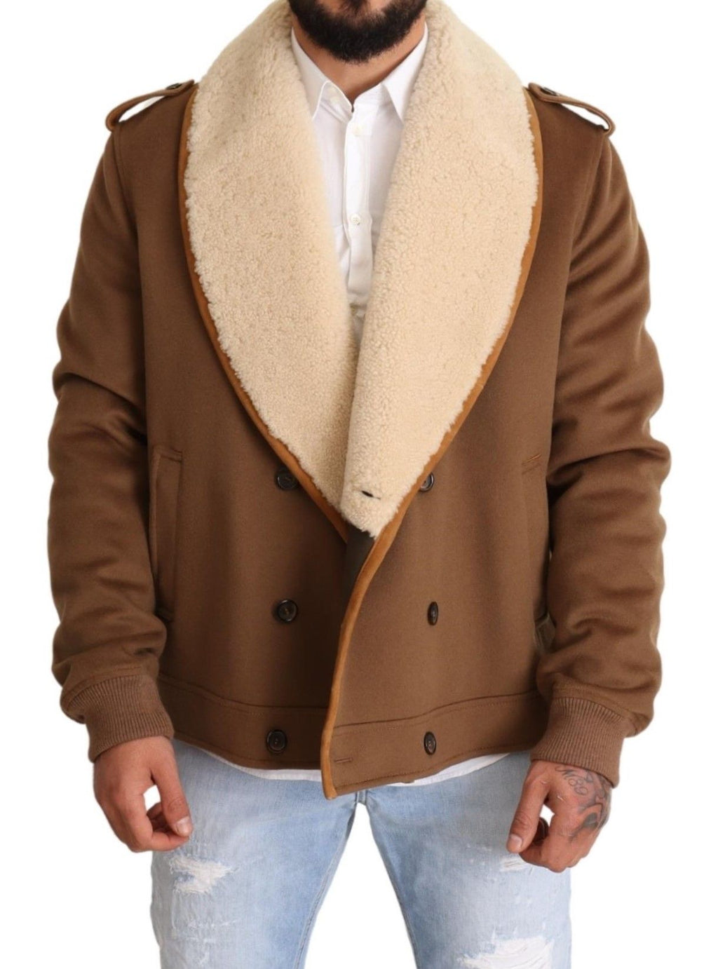 Manteau en shearling marron à double boutonnage de Dolce & Gabbana, veste élégante en cuir et laine.