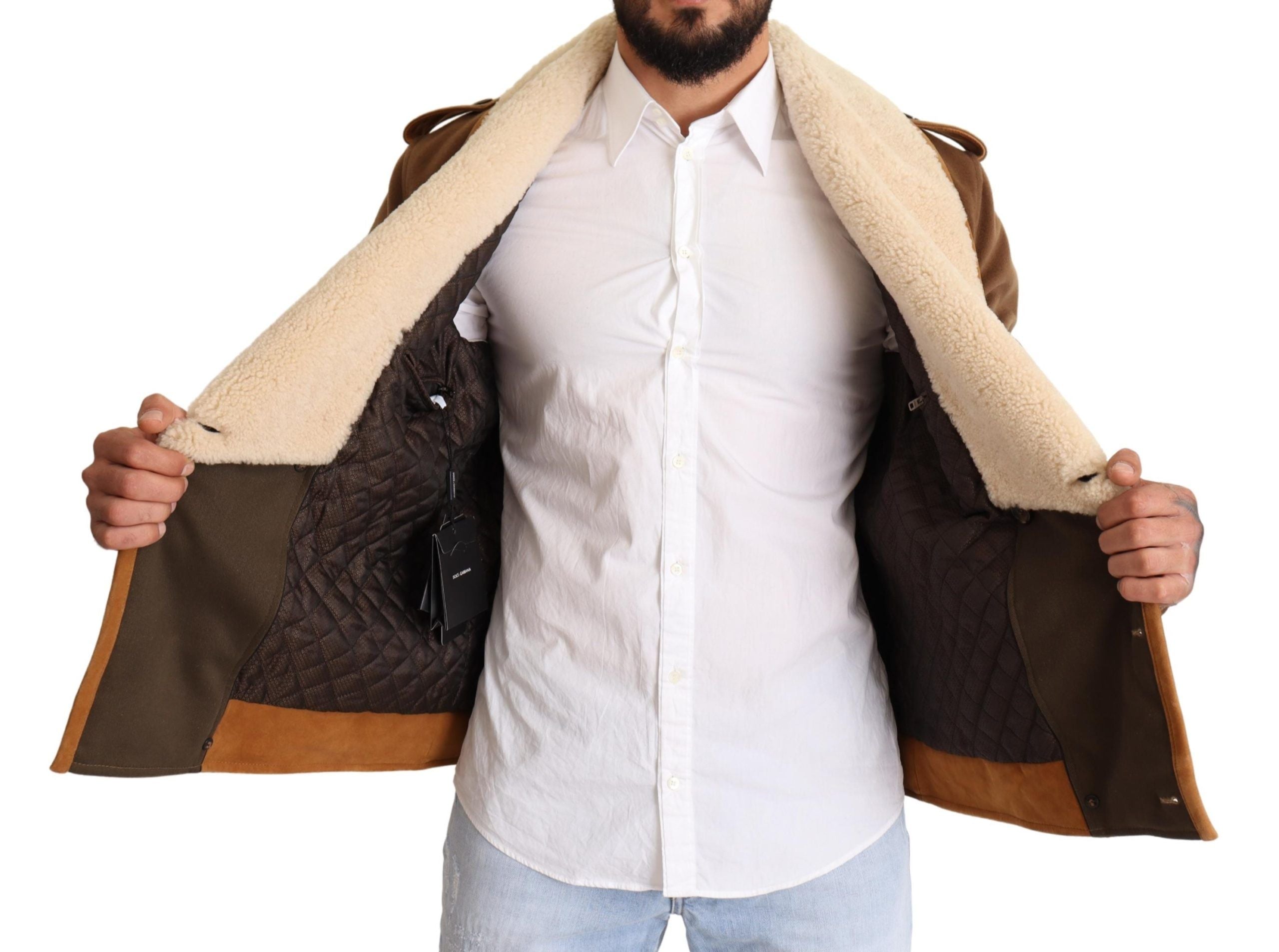 Manteau en shearling marron à double boutonnage de Dolce & Gabbana, veste élégante avec col en pelage.