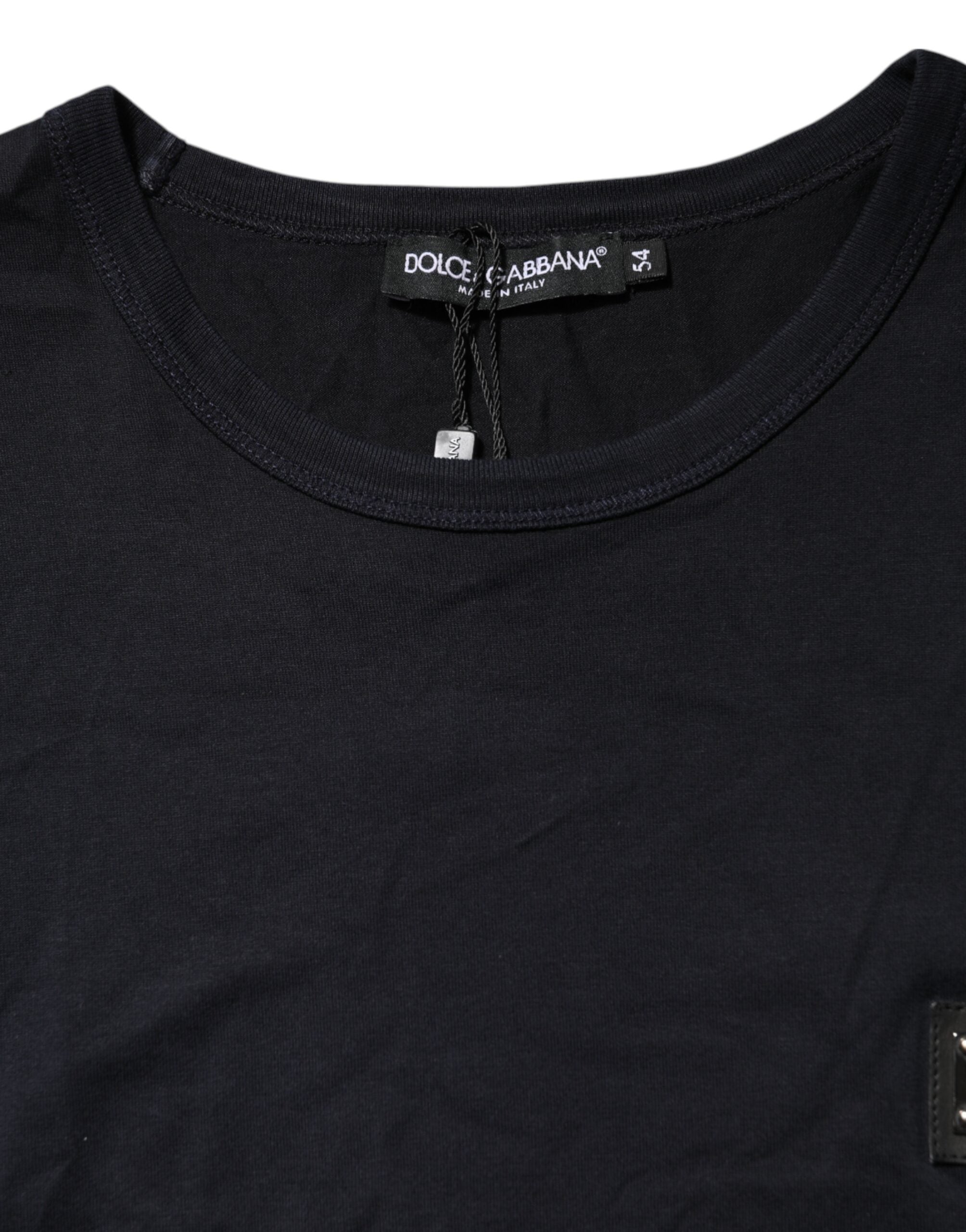 T-shirt en coton bleu foncé Dolce & Gabbana avec logo en plaque sur la poitrine, col rond et manches longues.