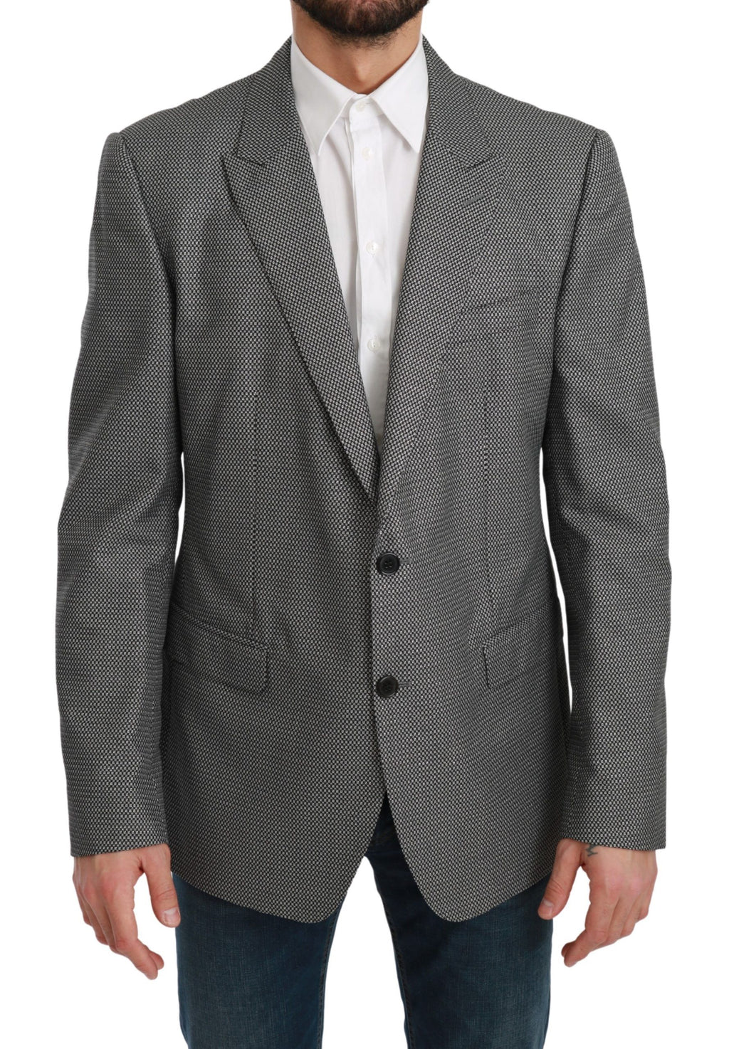 Veste blazer formelle gris slim fit Dolce & Gabbana Martini avec col et poignets élégants, vue de face.