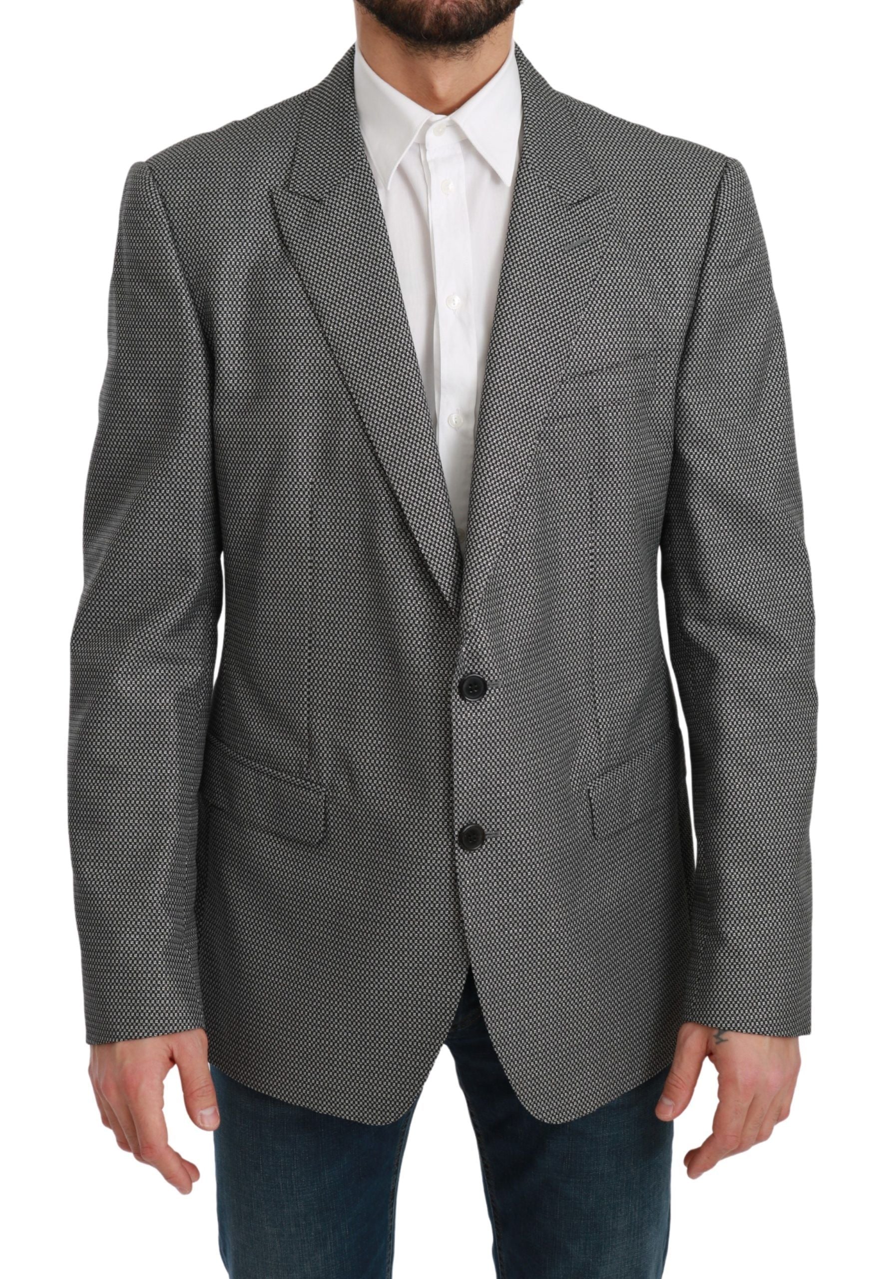 Veste blazer formelle gris slim fit Dolce & Gabbana Martini avec col et poignets élégants, vue de face.