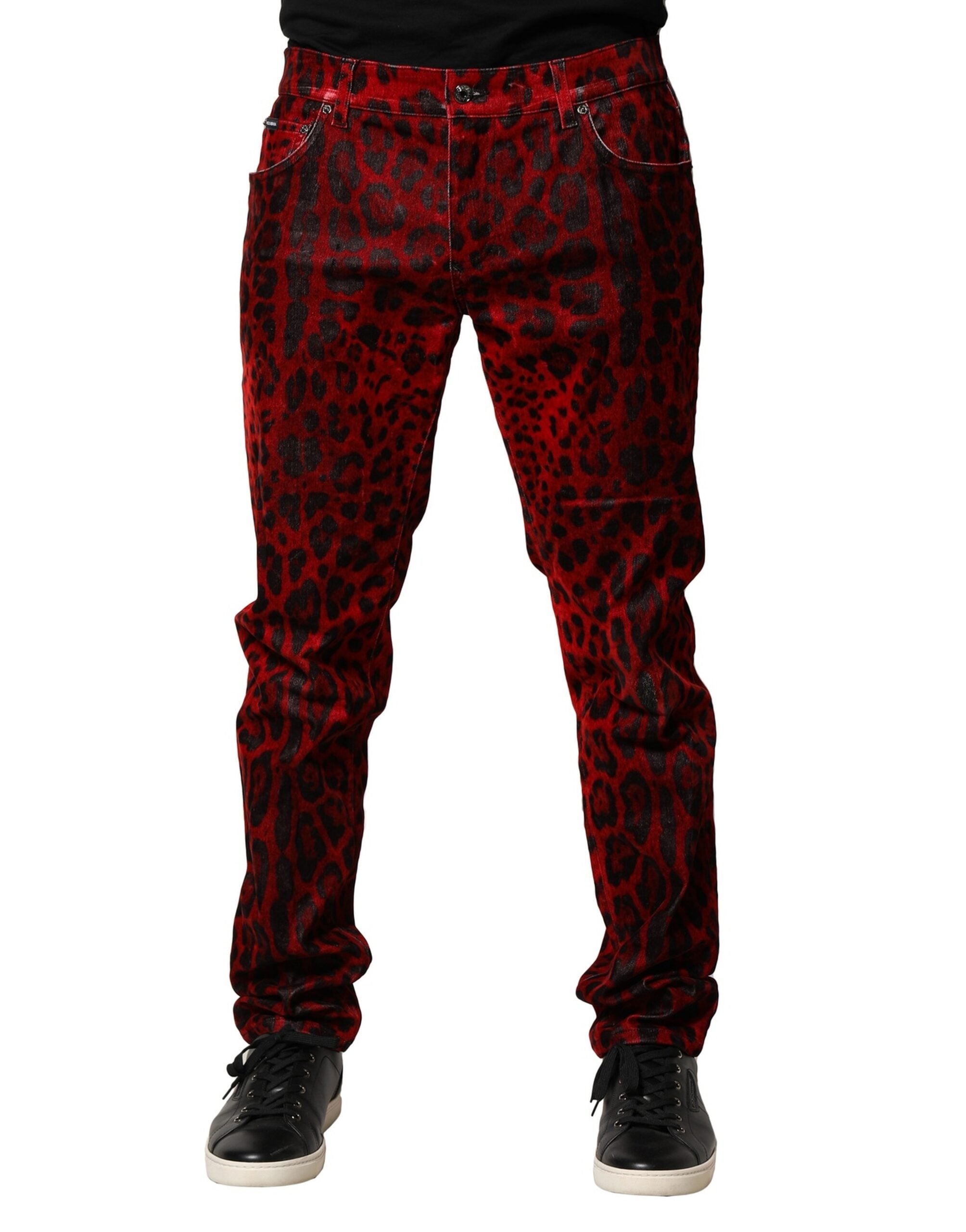 Jeans skinny en coton à motif léopard rouge de Dolce & Gabbana, style denim ajusté et tendance.