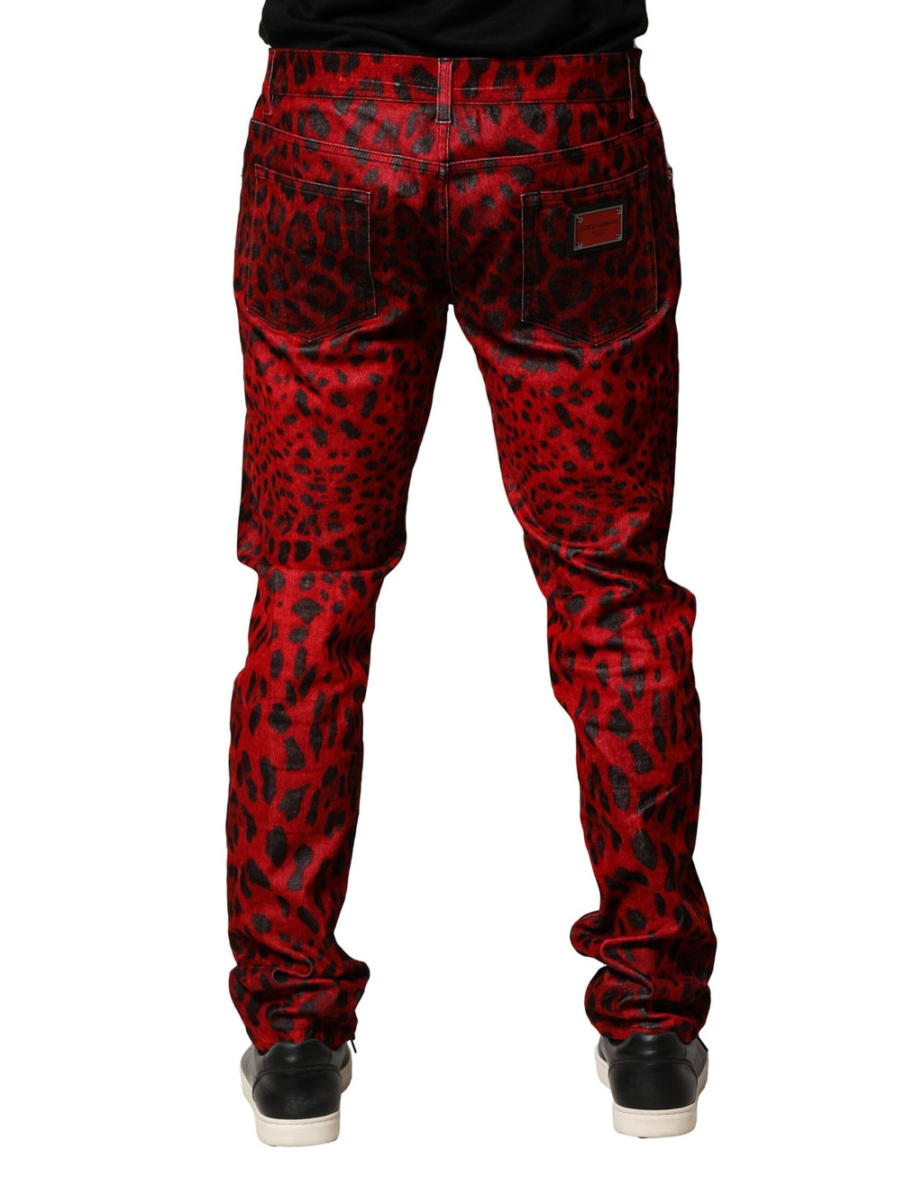 Jeans skinny en coton à imprimé léopard rouge de Dolce & Gabbana, style denim ajusté pour femmes.