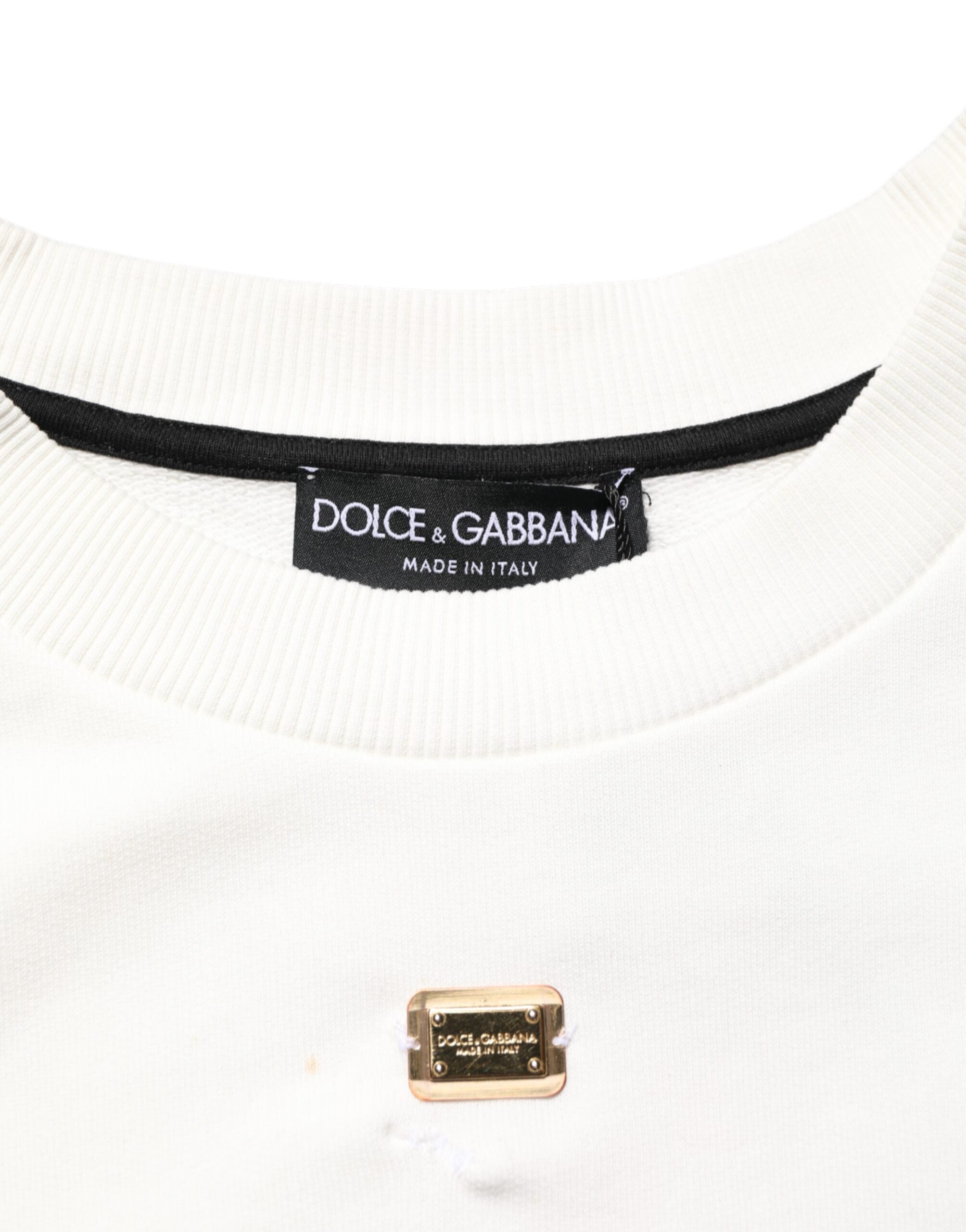 Sweatshirt Dolce & Gabbana blanc avec logo DG, col rond, pull en coton à manches longues, style décontracté.