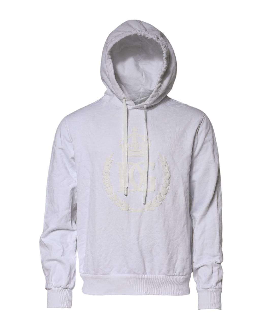 Sweat à capuche blanc Dolce & Gabbana avec logo embossé, tissu doux et détails modernes, vue de face.