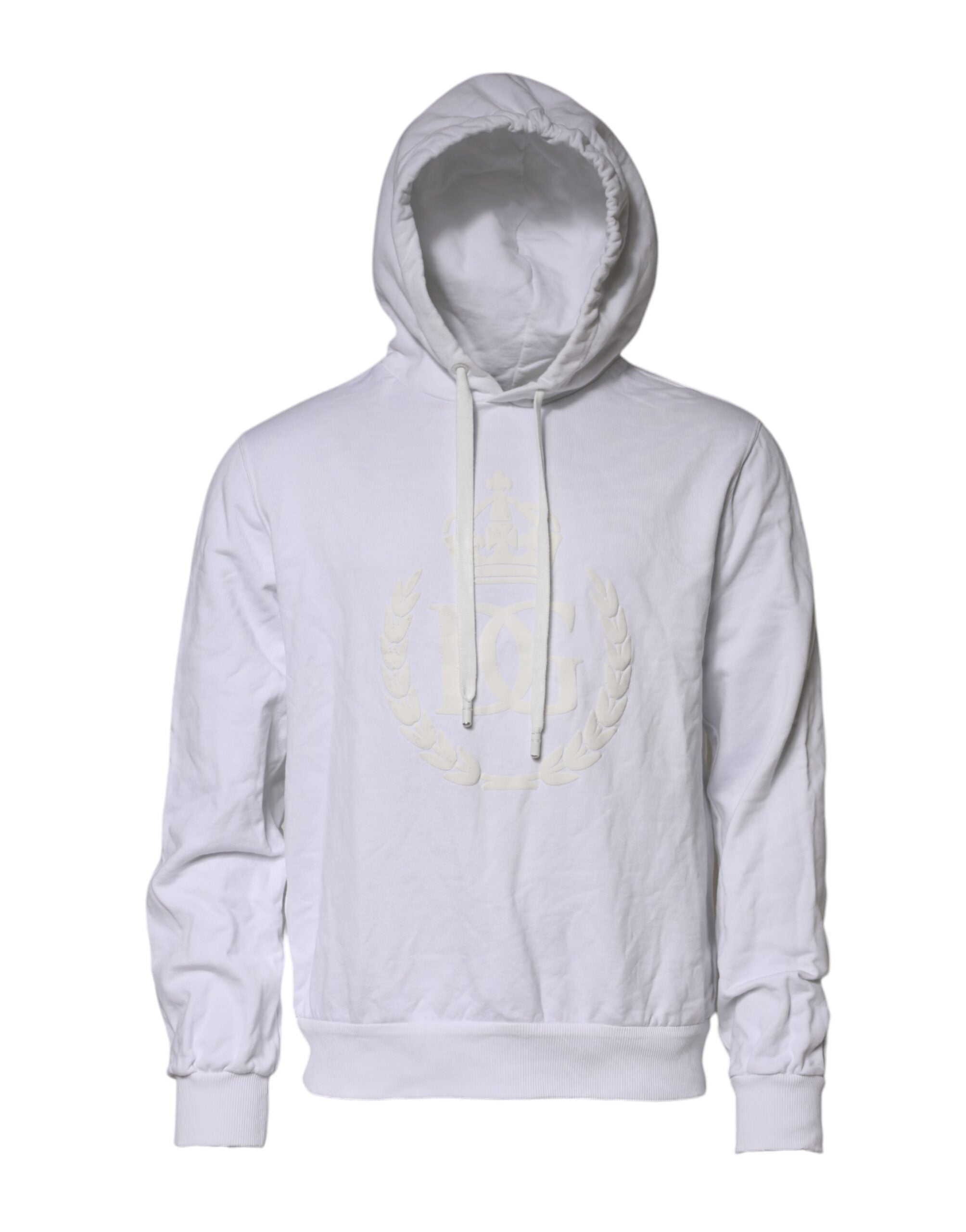 Sweat à capuche blanc Dolce & Gabbana avec logo embossé, confectionnel en coton confortable, vue de face.