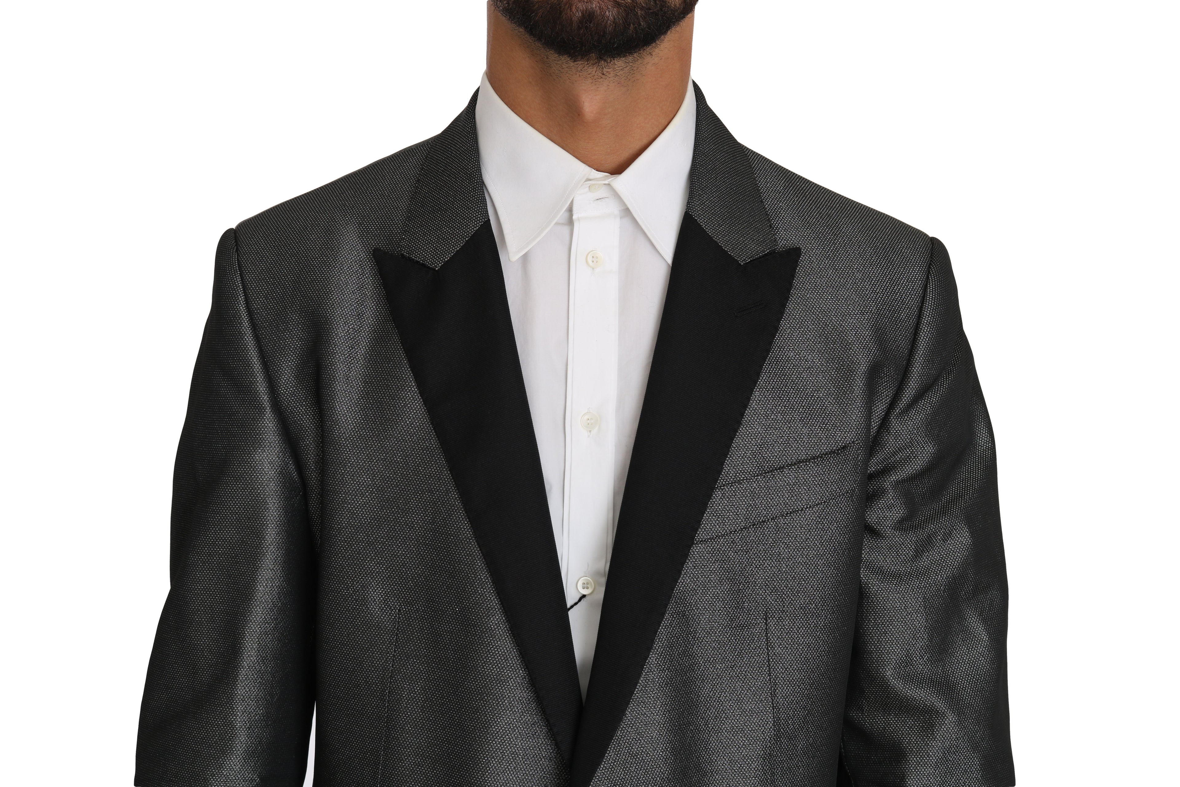 Costume deux pièces Dolce & Gabbana gris à motif pour homme, veste et pantalon élégants, style sophistiqué.