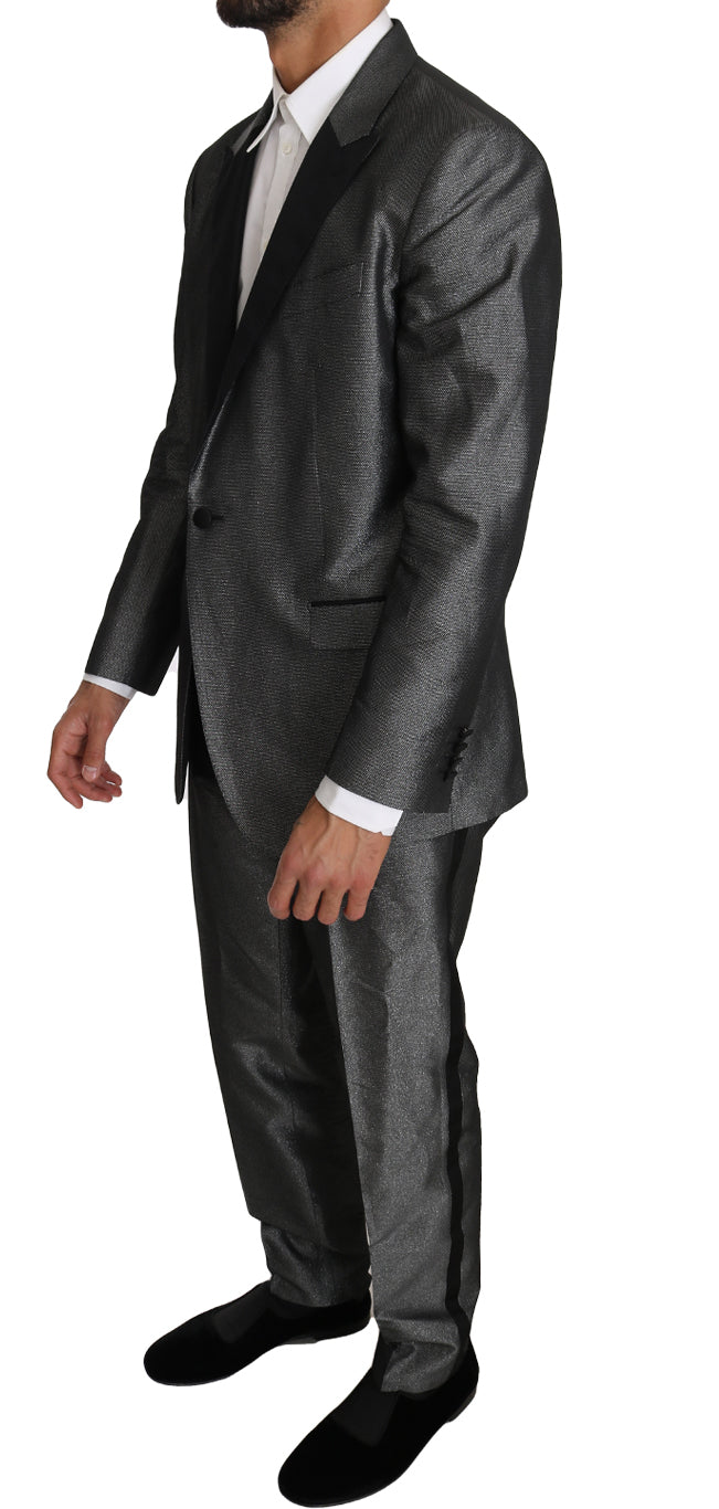 Costume homme Dolce & Gabbana gris à motif Martini en deux pièces, veste et pantalon élégants, style sophistiqué et moderne.