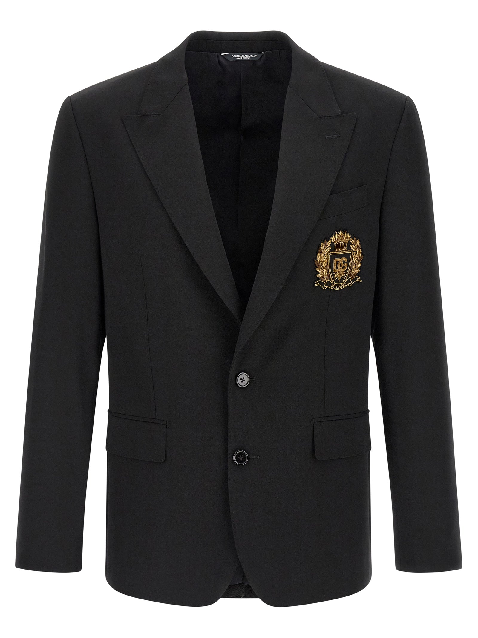 Veste blazer en laine vierge noire Dolce & Gabbana, coupe classique, détails élégants, portée élégante et sophistiquée.