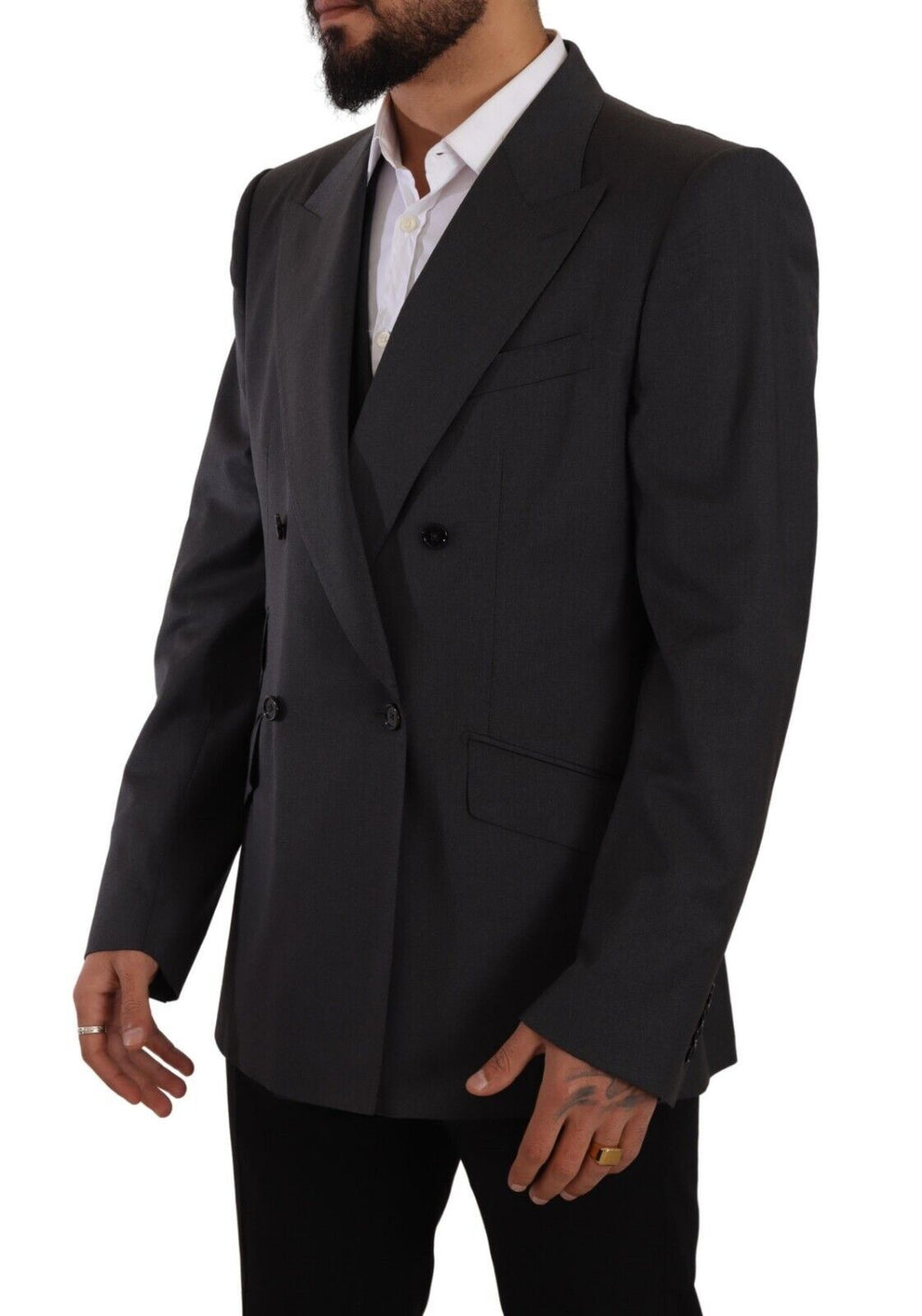Veste Dolce & Gabbana Sicilia gris double boutonnage, tailleur deux pièces, vue en détail de la veste et du pantalon.