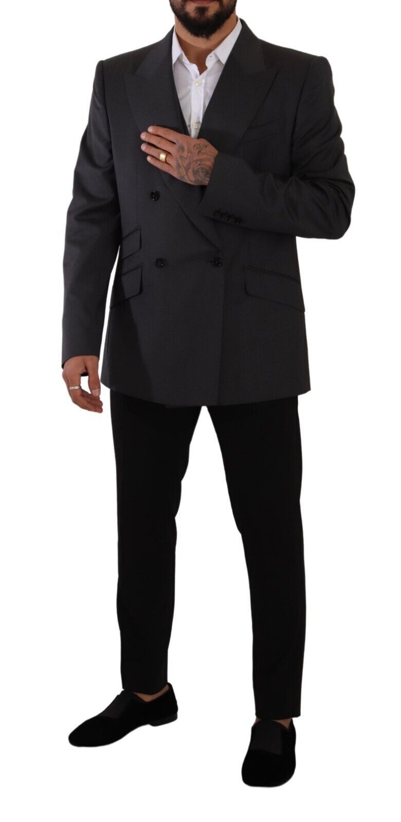 Veste Dolce & Gabbana en gris à double boutonnage, ensemble blazer deux pièces Sicilia, vue de face sur mannequin.