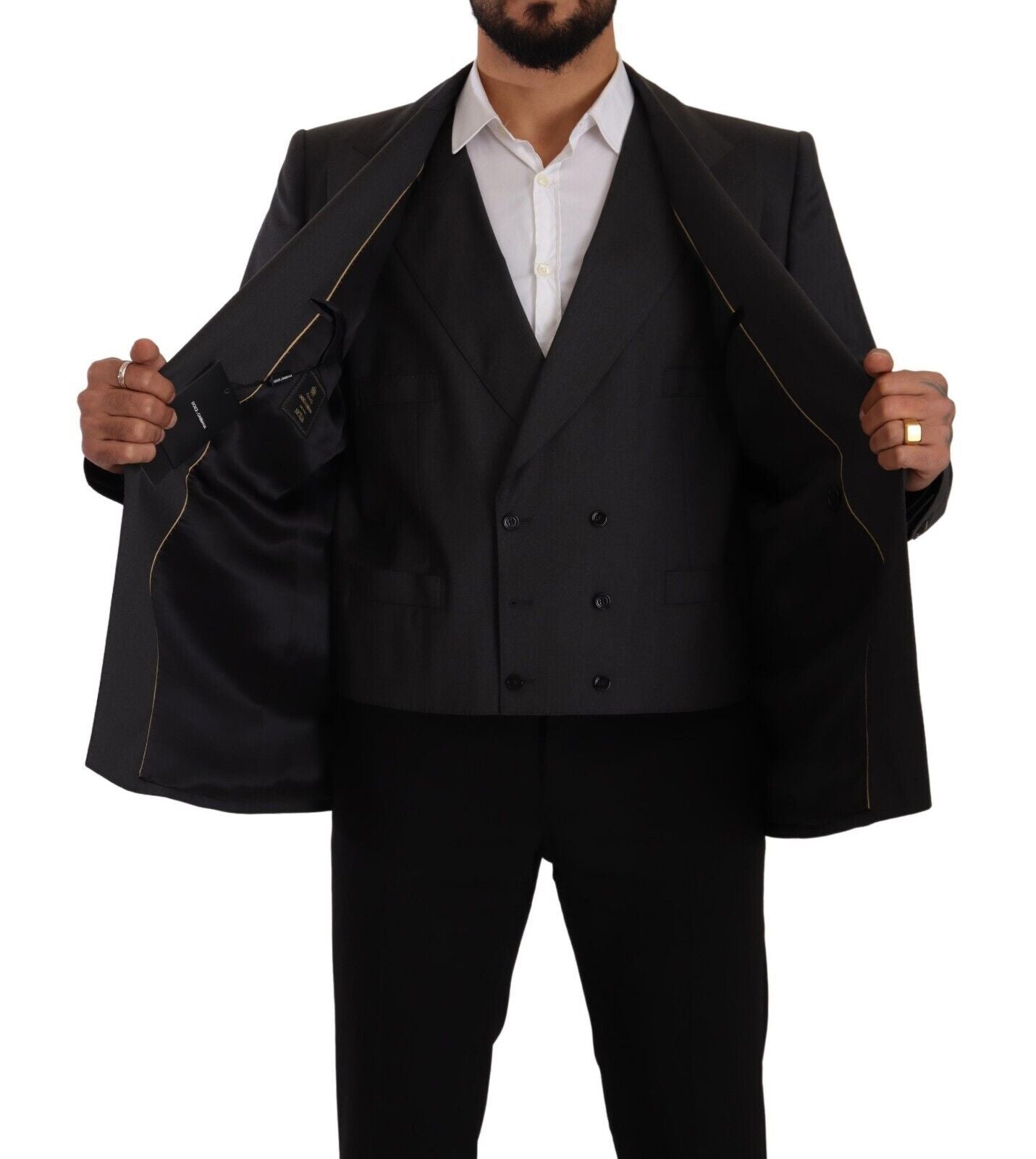 Veste Dolce & Gabbana Sicilia gris à double boutonnage, blazer 2 pièces élégant pour homme, vue en gros plan.