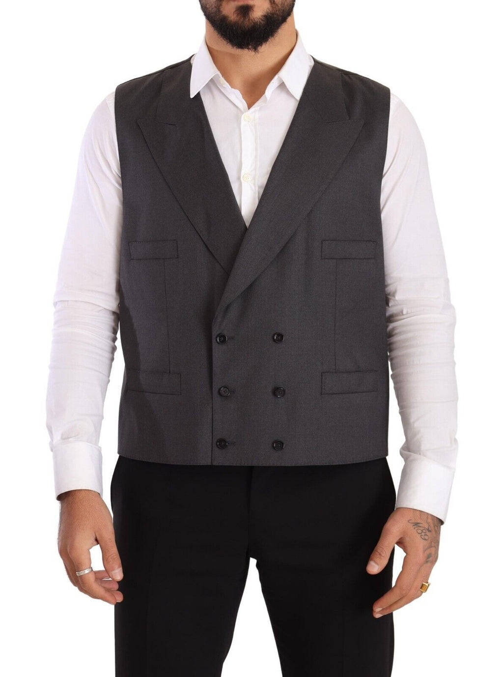 Costume deux pièces gris Dolce & Gabbana Sicilia avec blazer croisé à double boutonnage, élégance masculine sophistiquée.