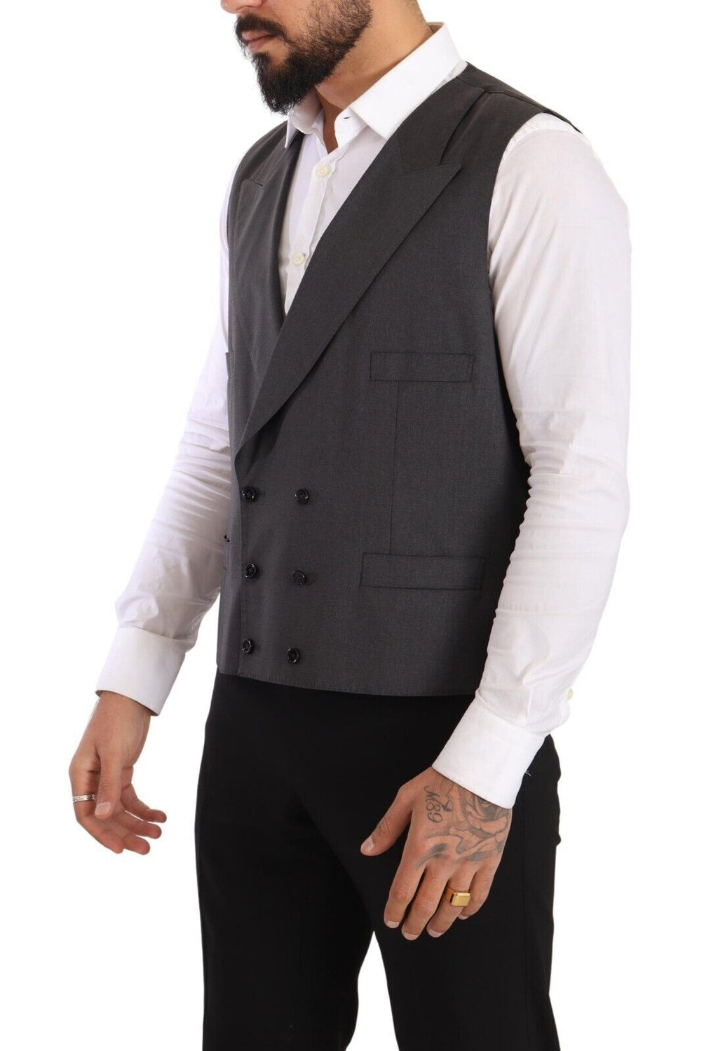 Veste grise double-breasted Dolce & Gabbana Sicilia, costume deux pièces élégant pour homme, en tissu fin et moderne.