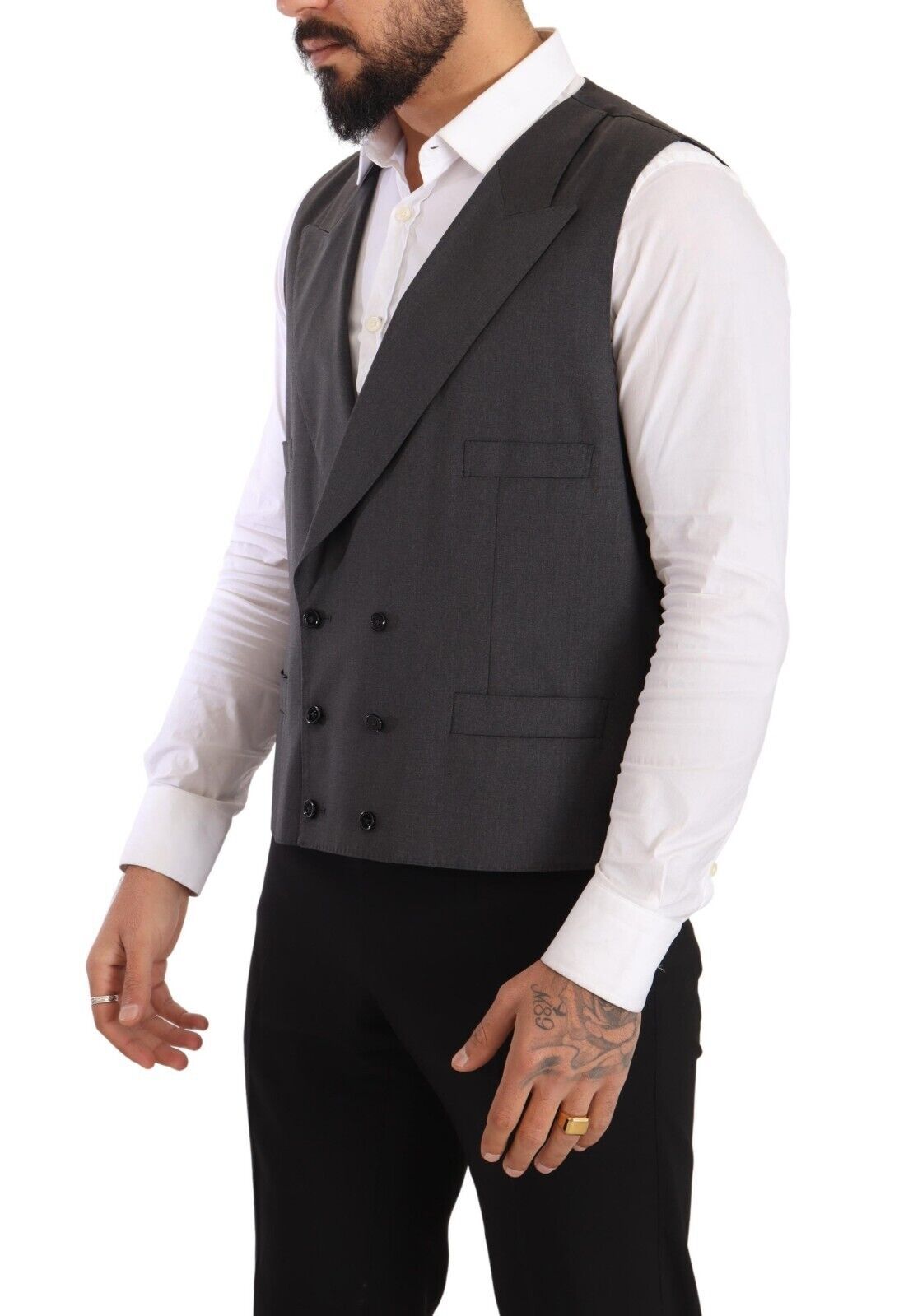 Veste grise double-breasted Dolce & Gabbana Sicilia, costume deux pièces élégant pour homme, en tissu fin et moderne.