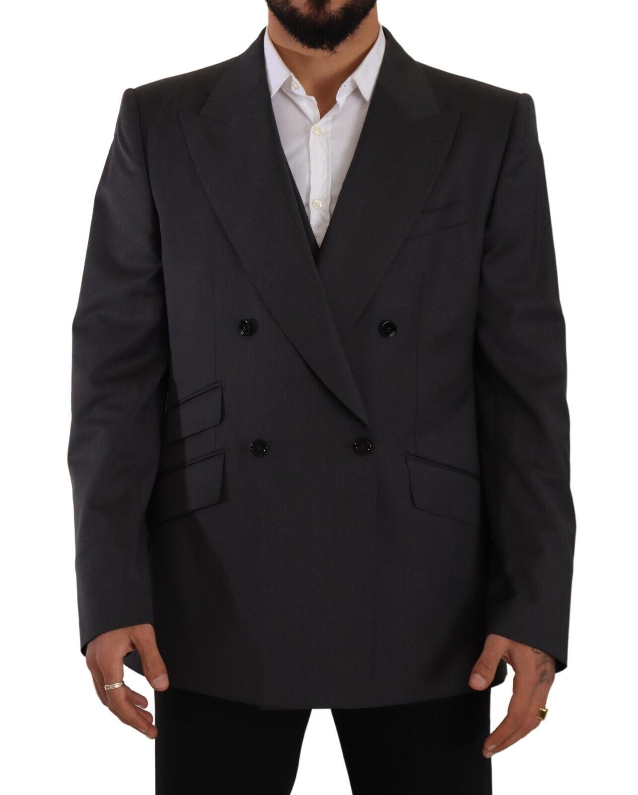 Blazer gris à double boutonnage Dolce & Gabbana Sicilia, costume deux pièces élégant et sophistiqué, vue de face.