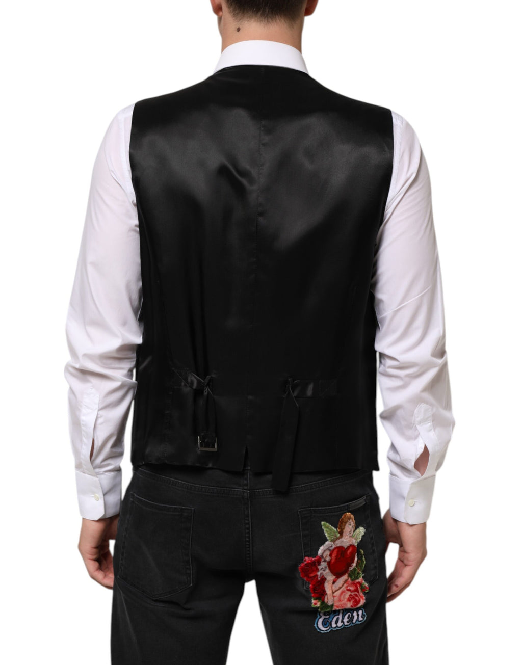 Gilet homme en laine noire Dolce & Gabbana, veste formelle élégante avec coupe ajustée et détails sophistiqués.