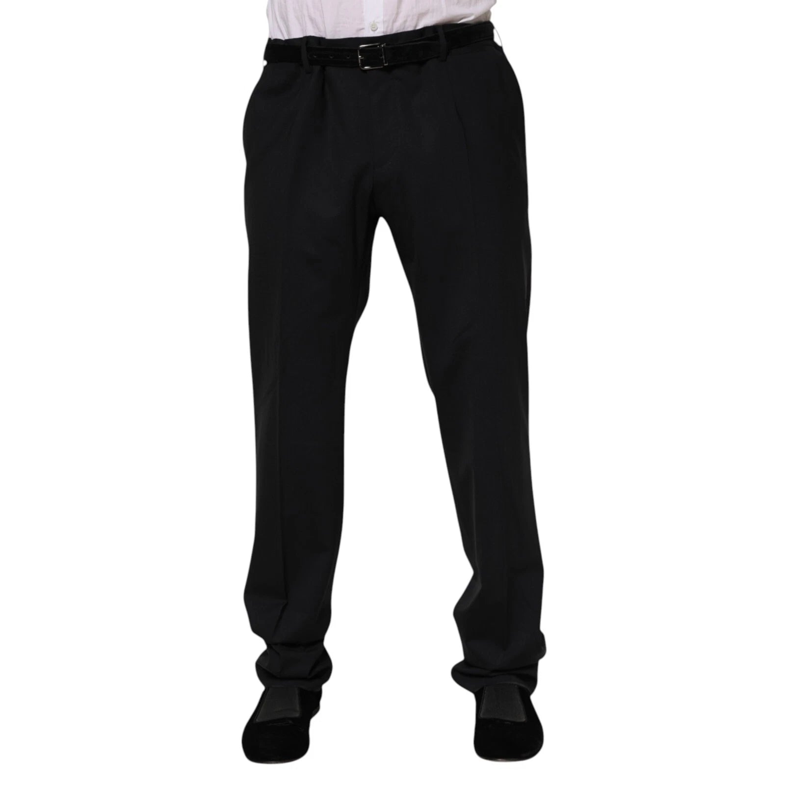 Pantalon formel Dolce & Gabbana en laine noire pour homme, vue en détail, avec coupe élégante et finition soignée.