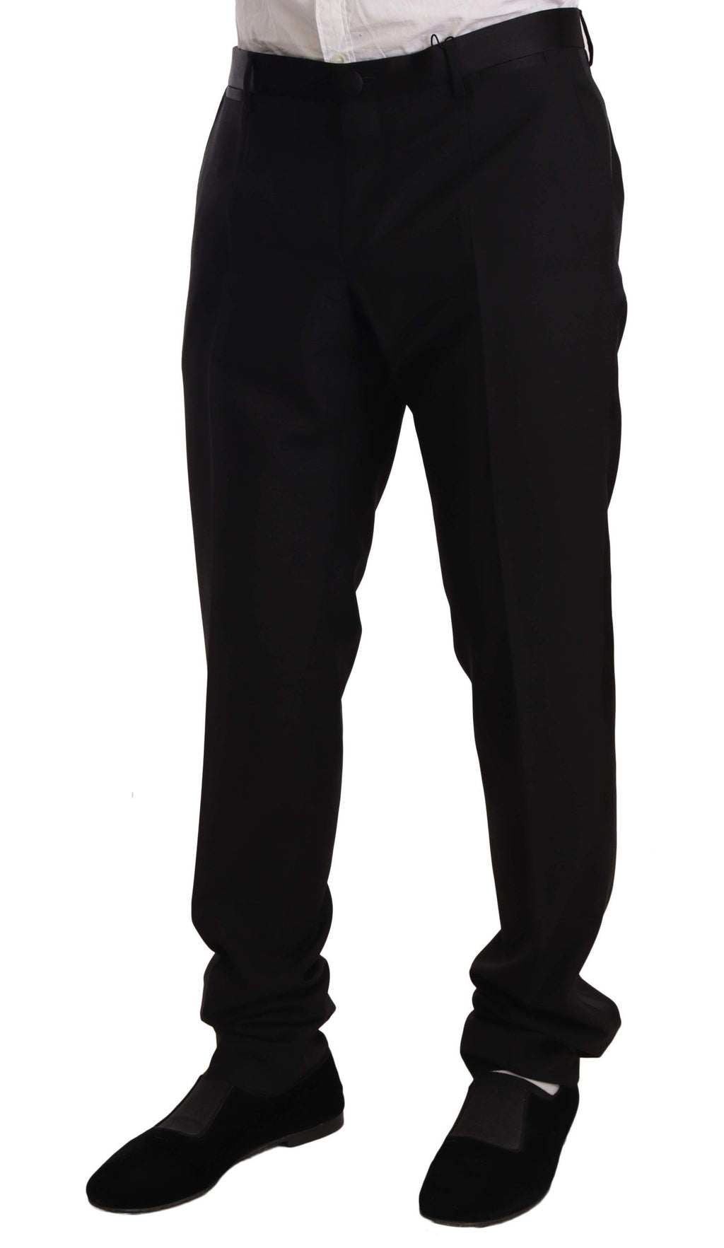 Pantalon de smoking en laine noire Dolce & Gabbana, pantalon formel élégant pour homme, détail visible de la couture et de la coupe.