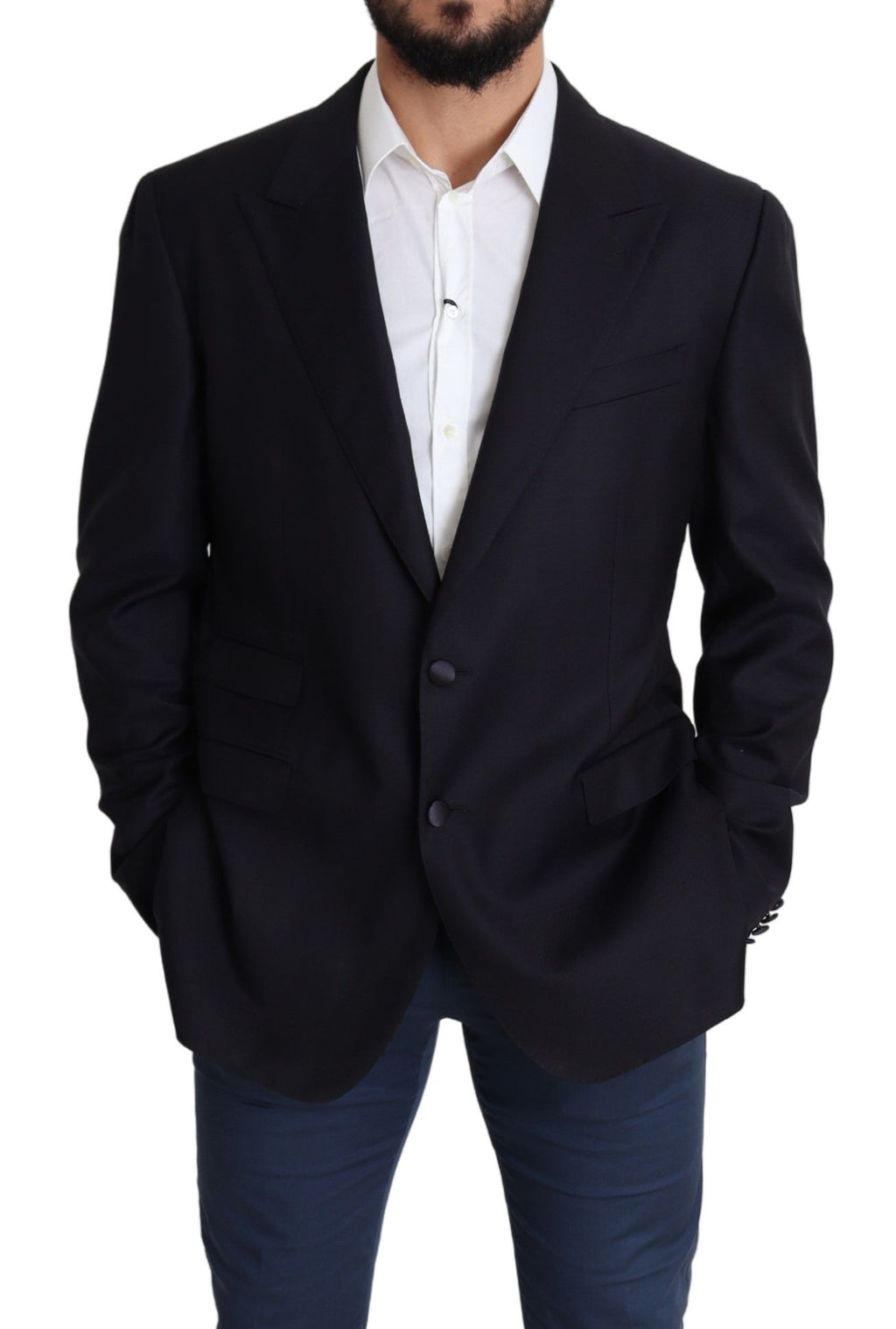 Blazer noir en laine Dolce & Gabbana à un seul bouton, style Napoli, porté sur un mannequin avec boutons et poche poitrine visible.