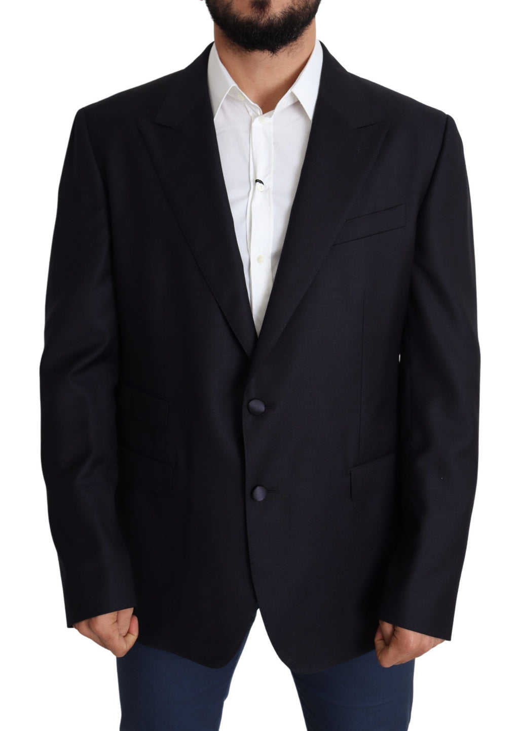 Veste blazer en laine noire Dolce & Gabbana à un bouton, coupe simple et élégante, portée sur un mannequin.
