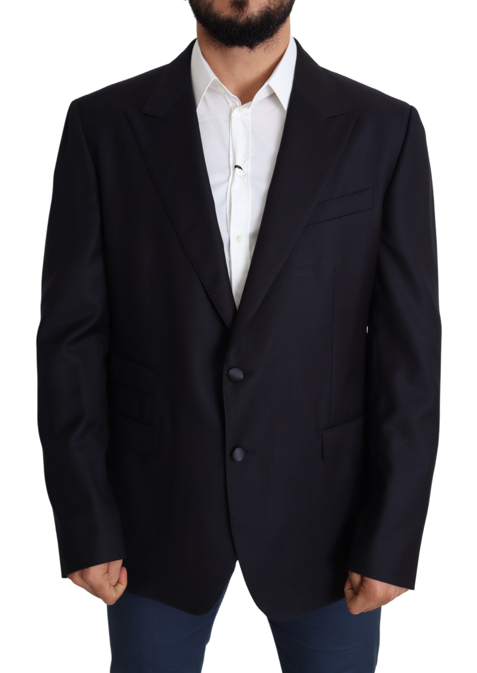 Veste blazer en laine noire Dolce & Gabbana à un bouton, coupe simple et élégante, portée sur un mannequin.