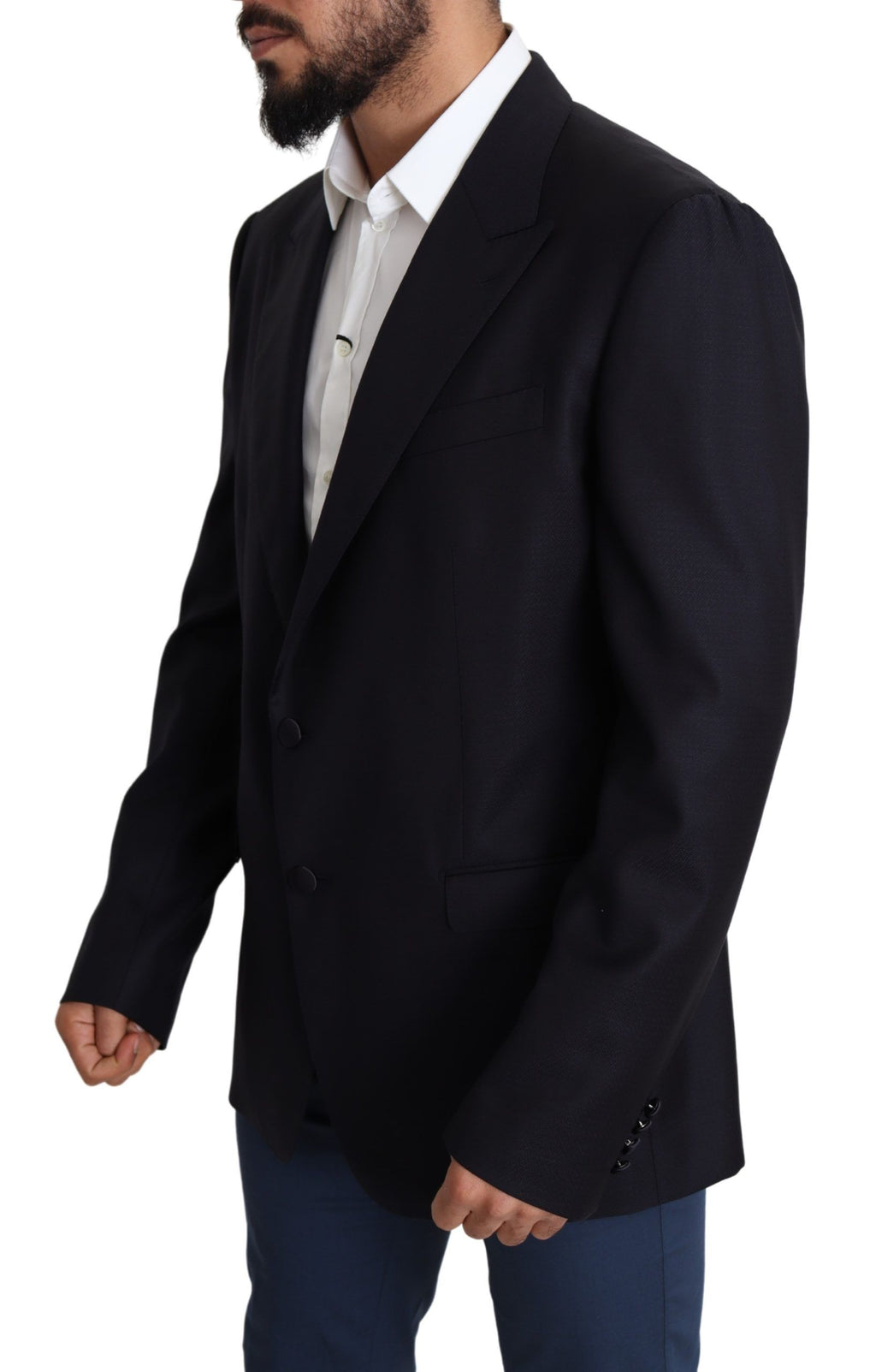 Blazer noir en laine Dolce & Gabbana à un bouton, coupe classique, porté sur un mannequin.