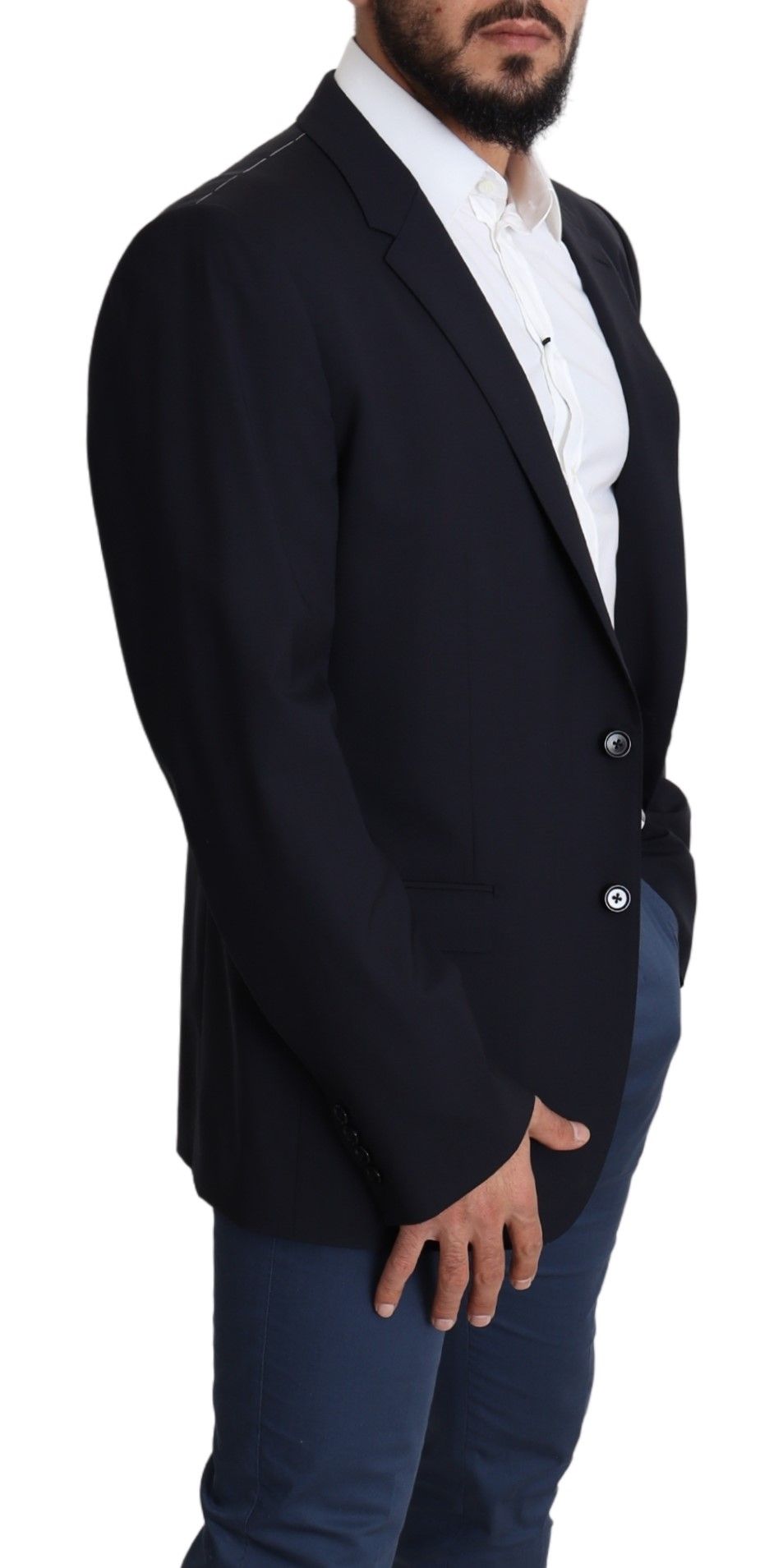 Manteau homme en laine noire Dolce & Gabbana Martini Blazer, coupe ajustée et élégante, porté sur un mannequin.