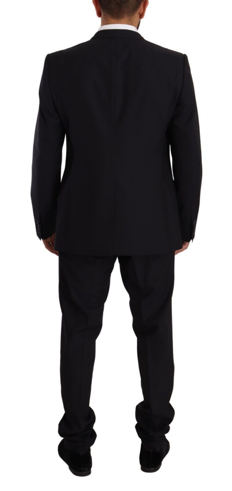 Costume deux pièces en laine bleue et or de Dolce & Gabbana, veste croisée à boutonnière simple, style élégant et sophistiqué.