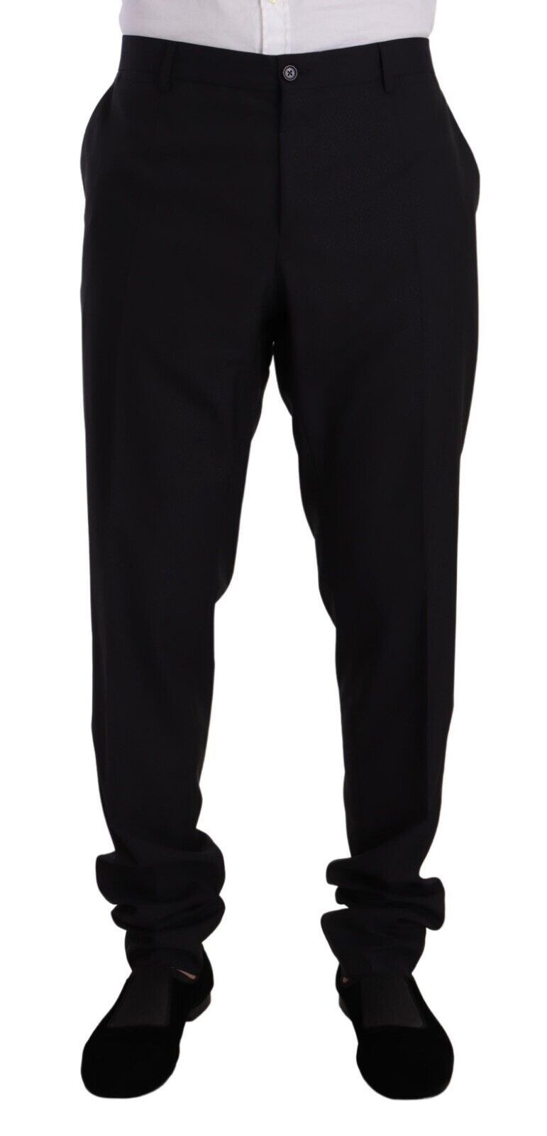 Costume deux pièces en laine bleue avec or de Dolce & Gabbana, veste à double boutonnage et pantalon assorti.