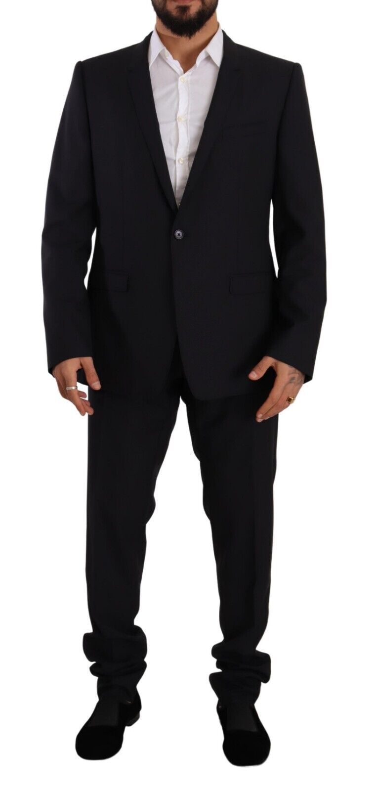 Costume en laine bleu et or Dolce & Gabbana, costume deux pièces à boutonnière simple, vue de face.