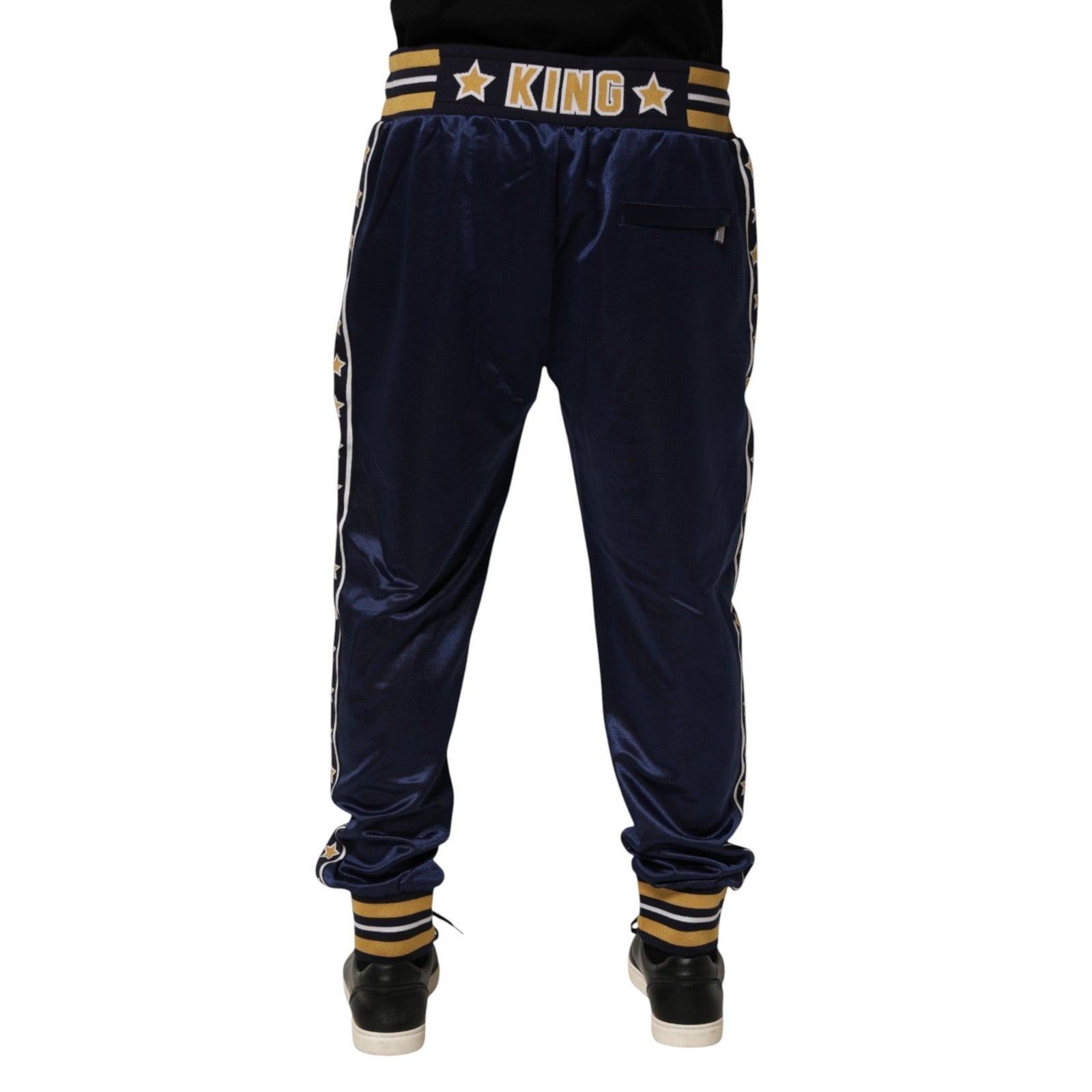 Pantalon jogging en nylon bleu Dolce & Gabbana, coupe mi-haute, style décontracté et confortable, vue de face.