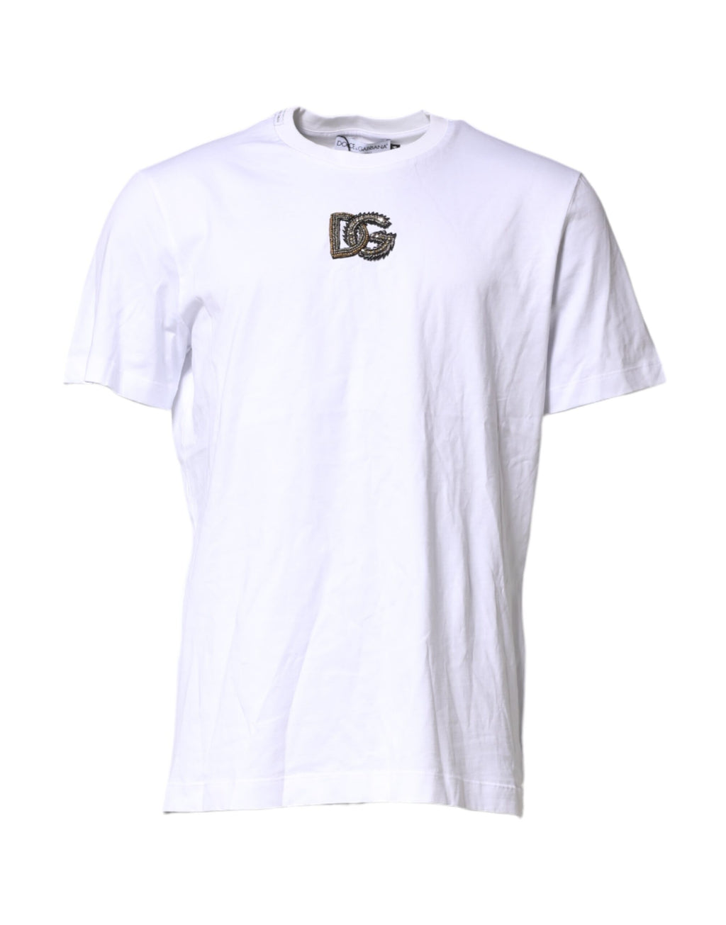 T-shirt blanc Dolce & Gabbana à logo brodé sur le col rond, style décontracté et élégant.