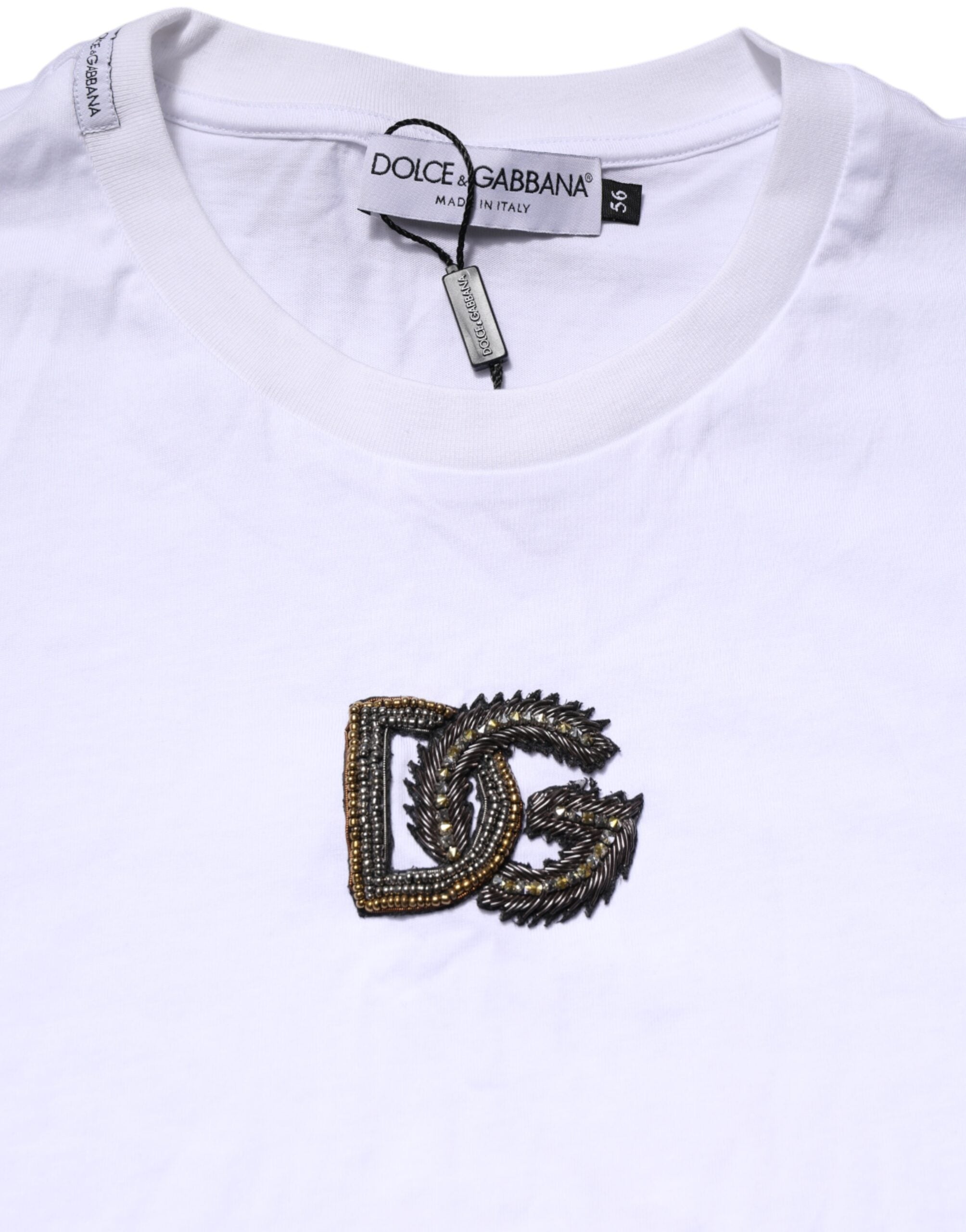 T-shirt blanc Dolce & Gabbana à col rond avec broderie logo Dolce & Gabbana visible sur le devant.