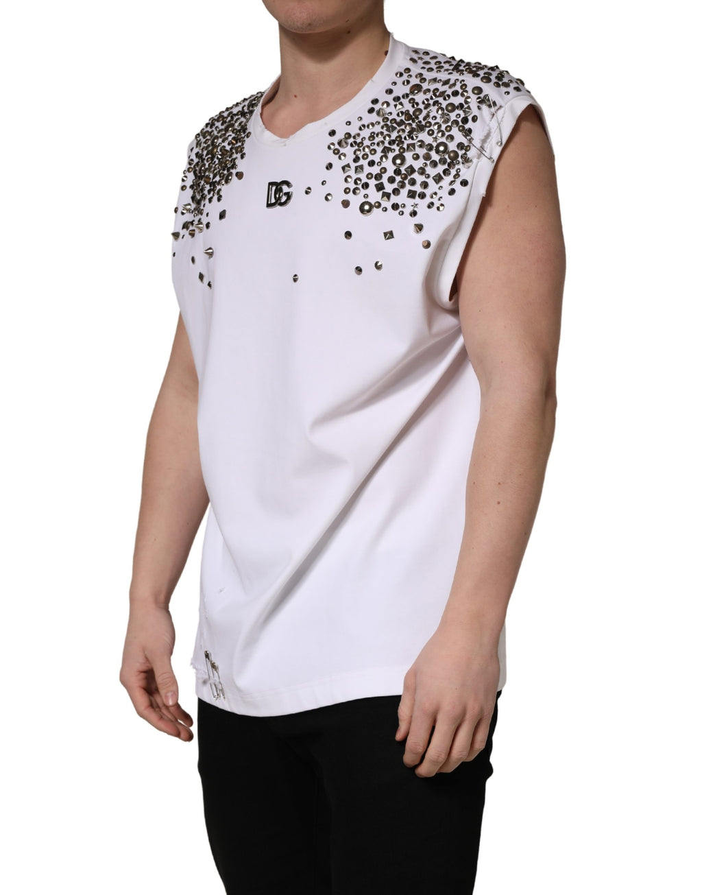 T-shirt sans manches blanche Dolce & Gabbana avec rhinestones, col rond, style élégant et moderne.