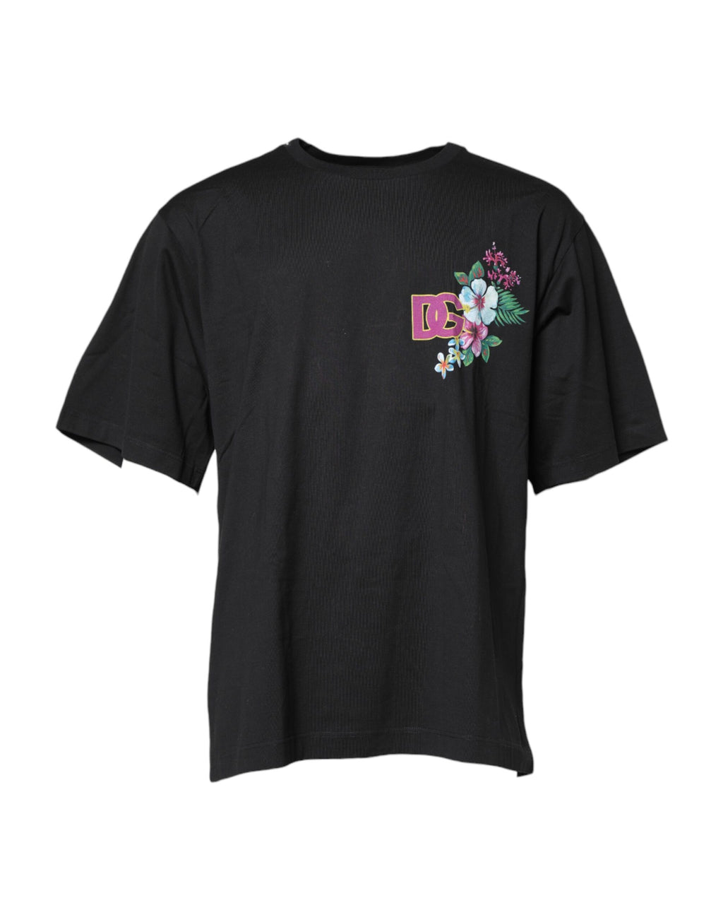 T-shirt à col rond noir Dolce & Gabbana avec imprimé floral DG, vue de face, tissu en coton, style casual et élégant.