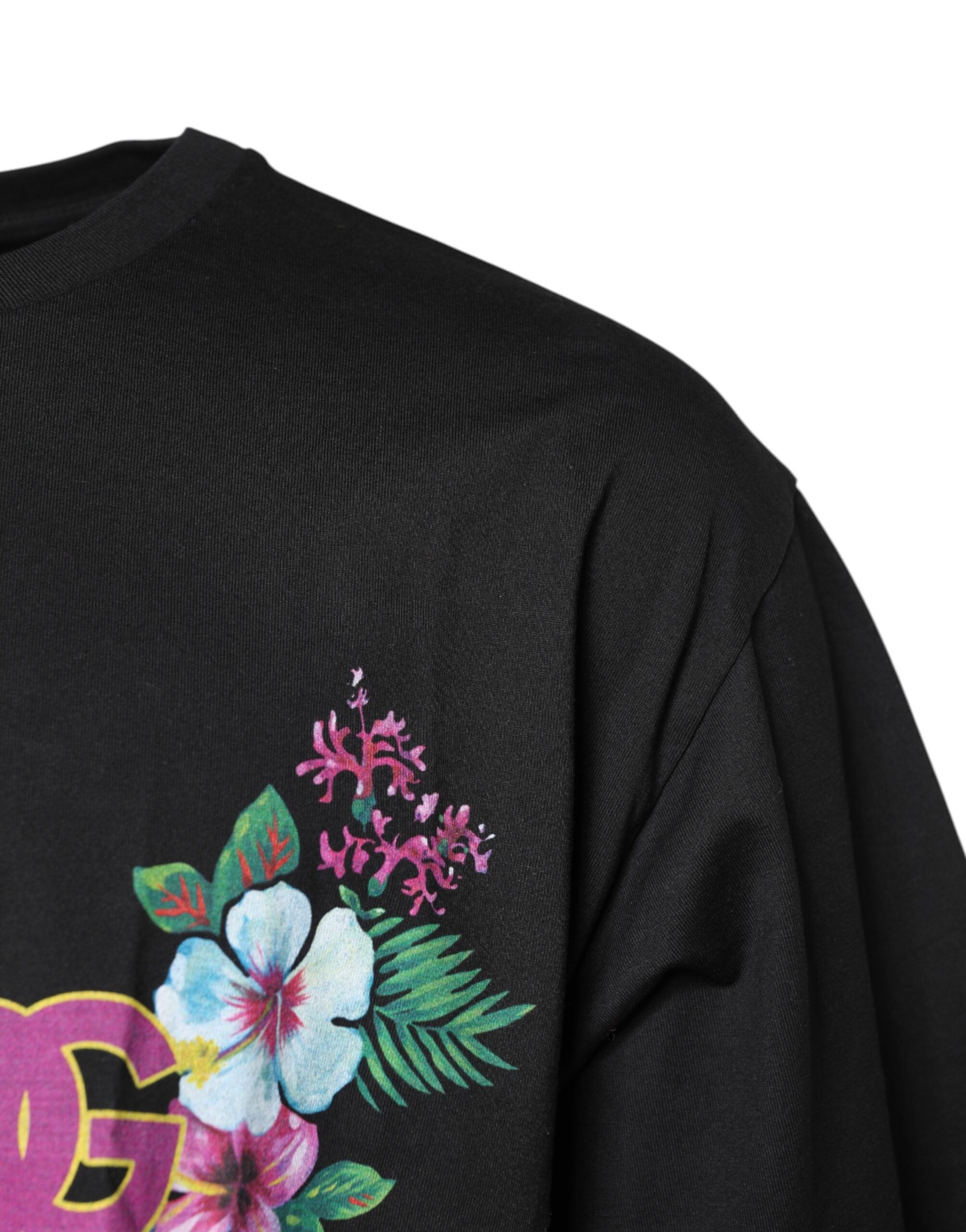 T-shirt à col rond noir Dolce & Gabbana avec motif floral DG, tissu en coton, vue de face.
