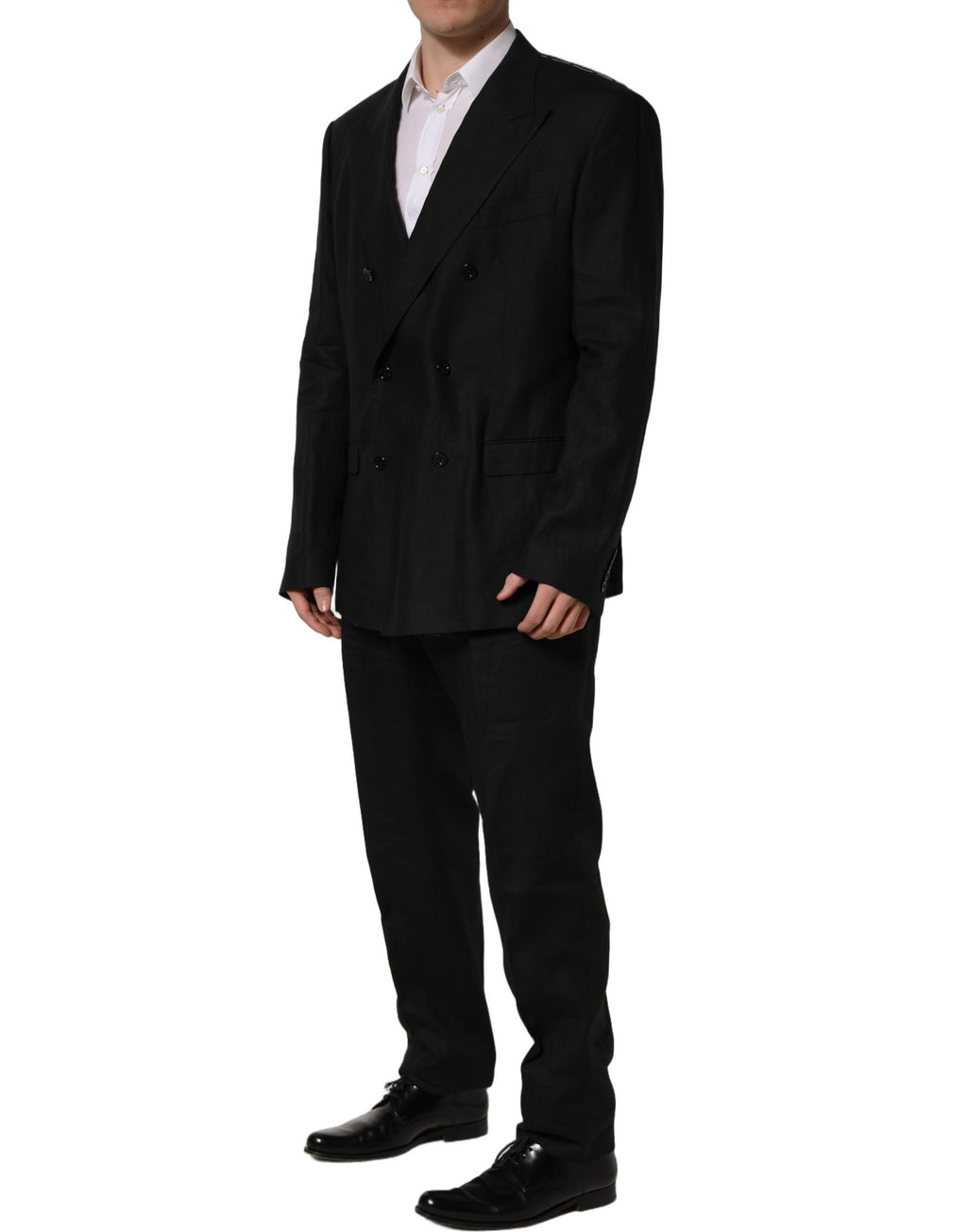 Costume formel homme Dolce & Gabbana en lin noir, slim fit, ensemble 2 pièces avec veste et pantalon élégants.