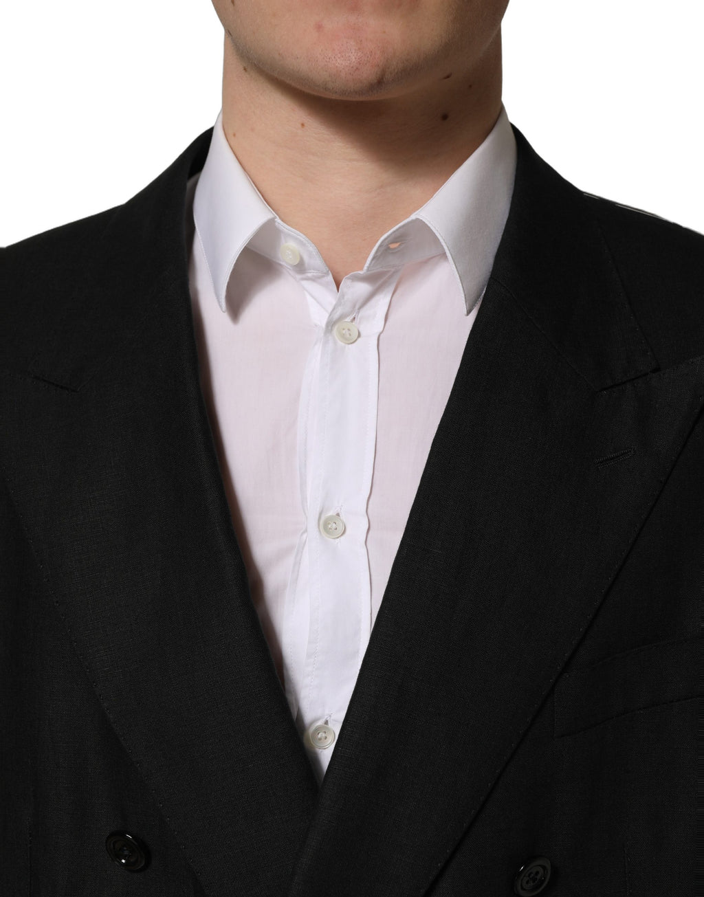 Costume homme Dolce & Gabbana en lin noir, costume deux pièces ajusté pour occasions formelles, style élégant et moderne.