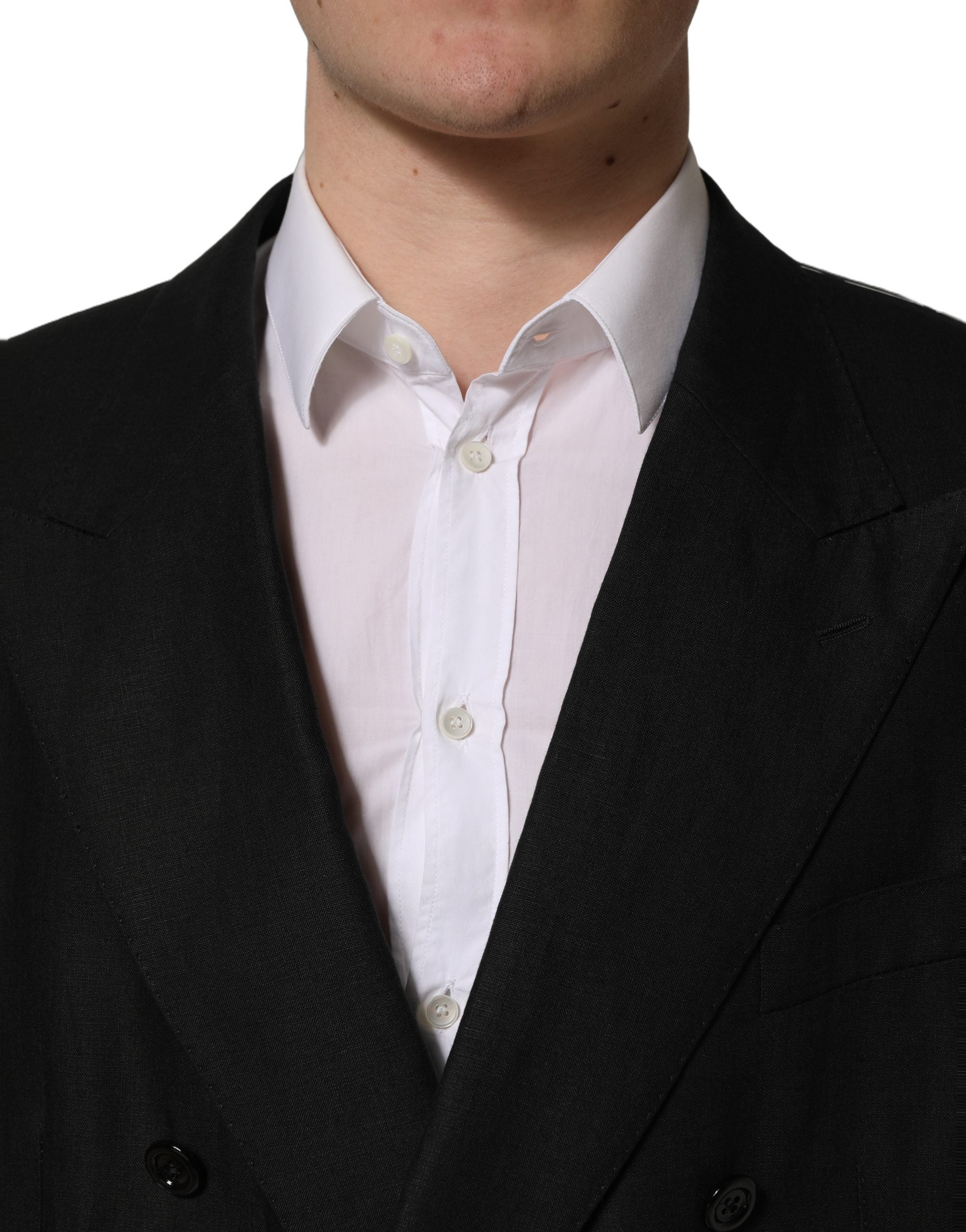 Costume homme Dolce & Gabbana en lin noir, costume deux pièces ajusté pour occasions formelles, style élégant et moderne.